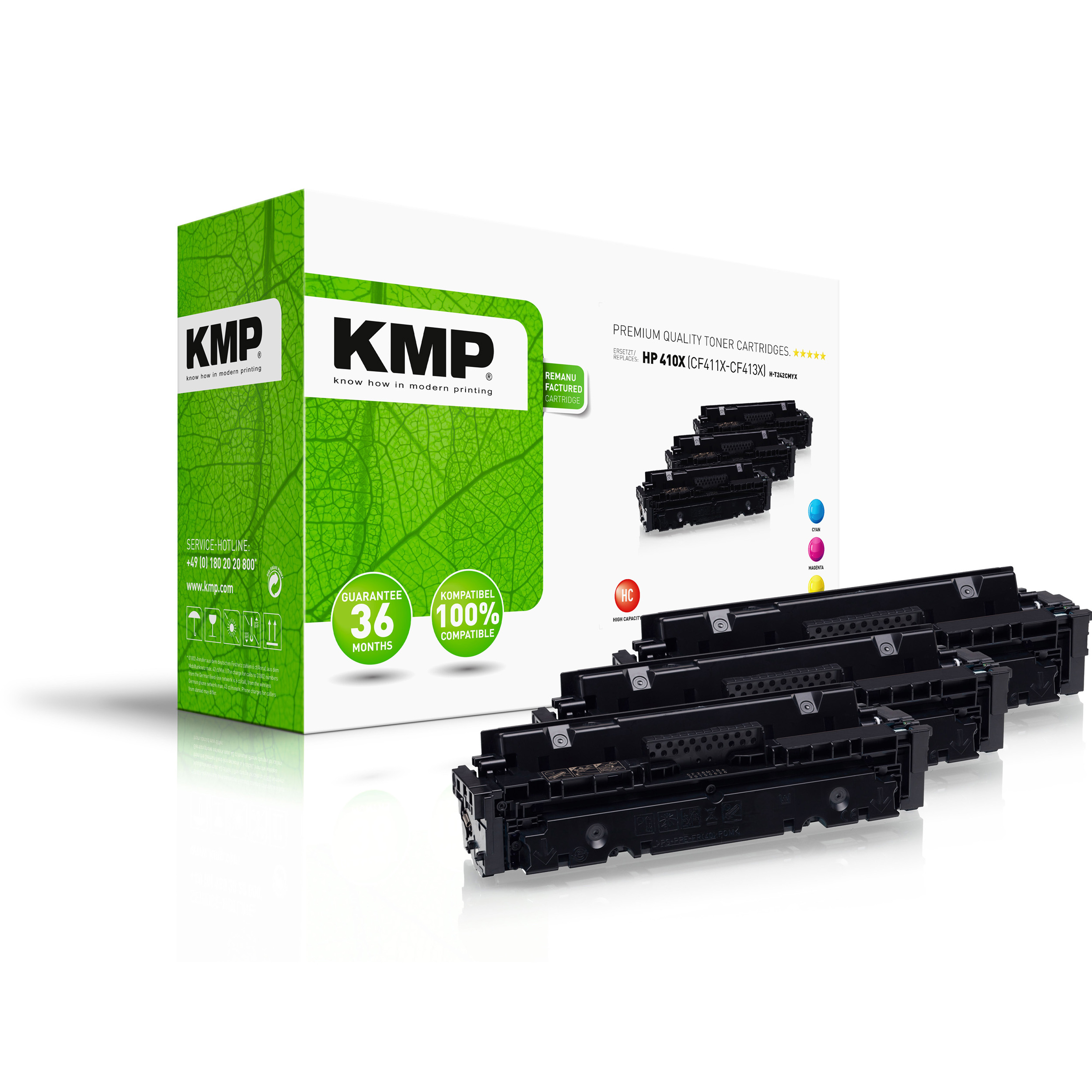 Una scatola di cartucce toner KMP con le cartucce esposte davanti, su una superficie bianca.