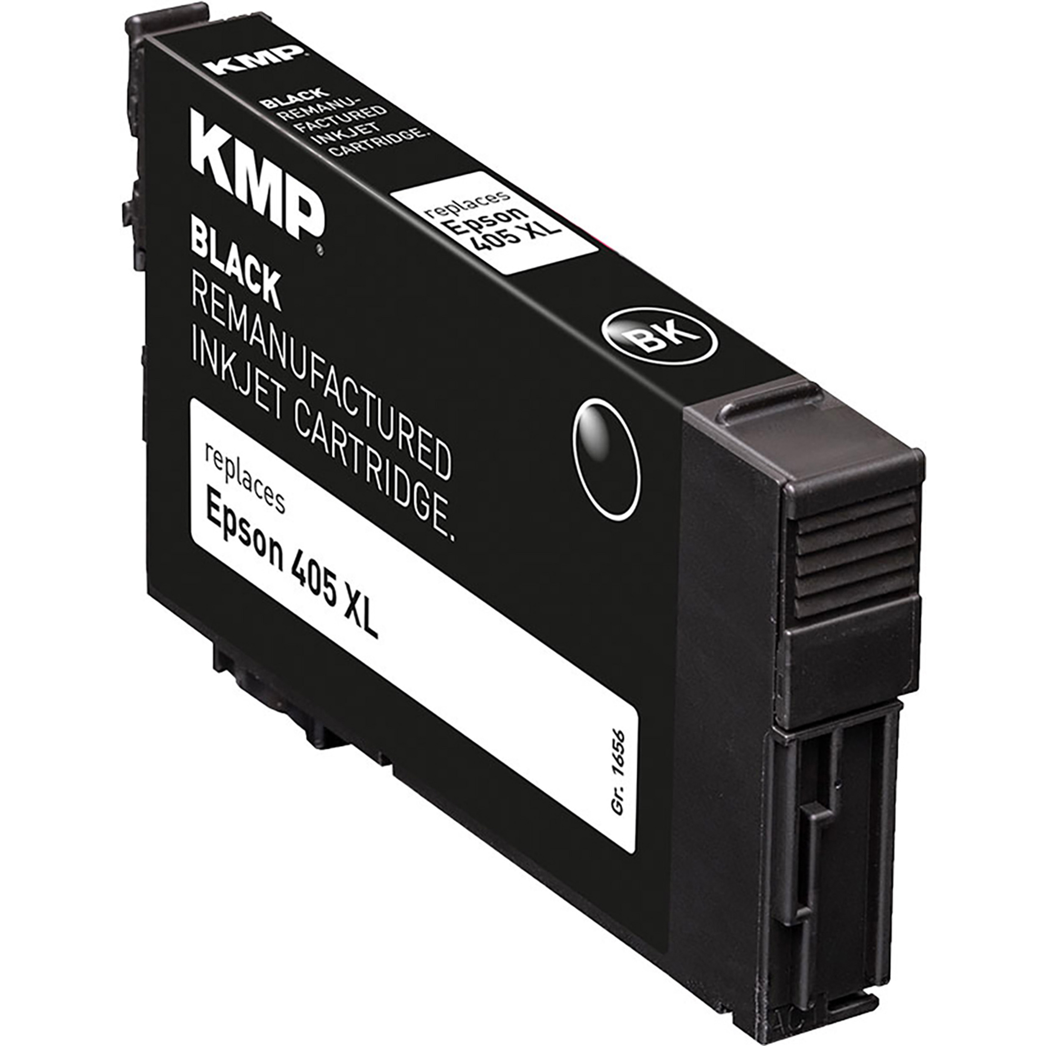 Scatola di cartucce a getto d'inchiostro rigenerate KMP nere. Sostituisce Epson 405 XL. Sfondo bianco.