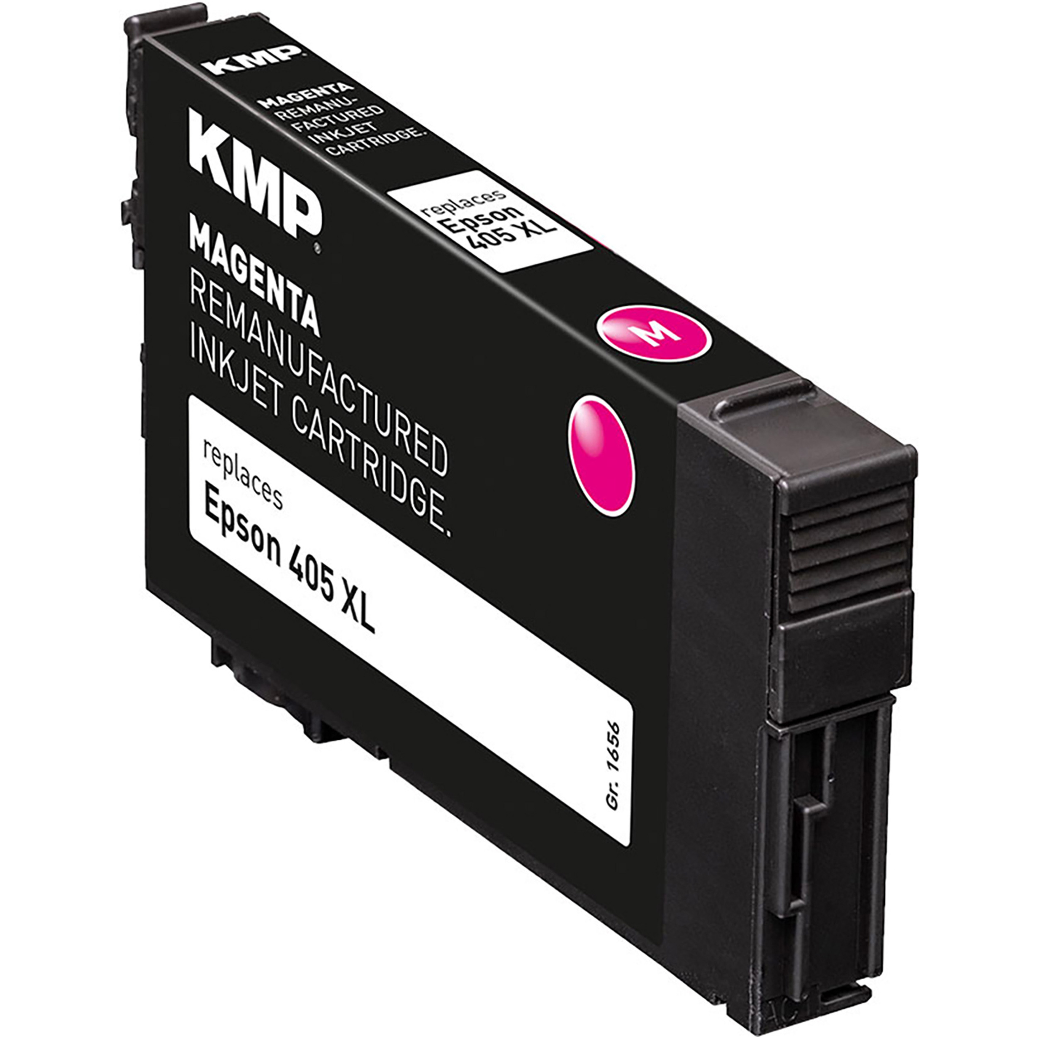 Cartuccia d'inchiostro magenta per una stampante. L'etichetta dice 'Magenta Remanufactured Inkjet Cartridge'.