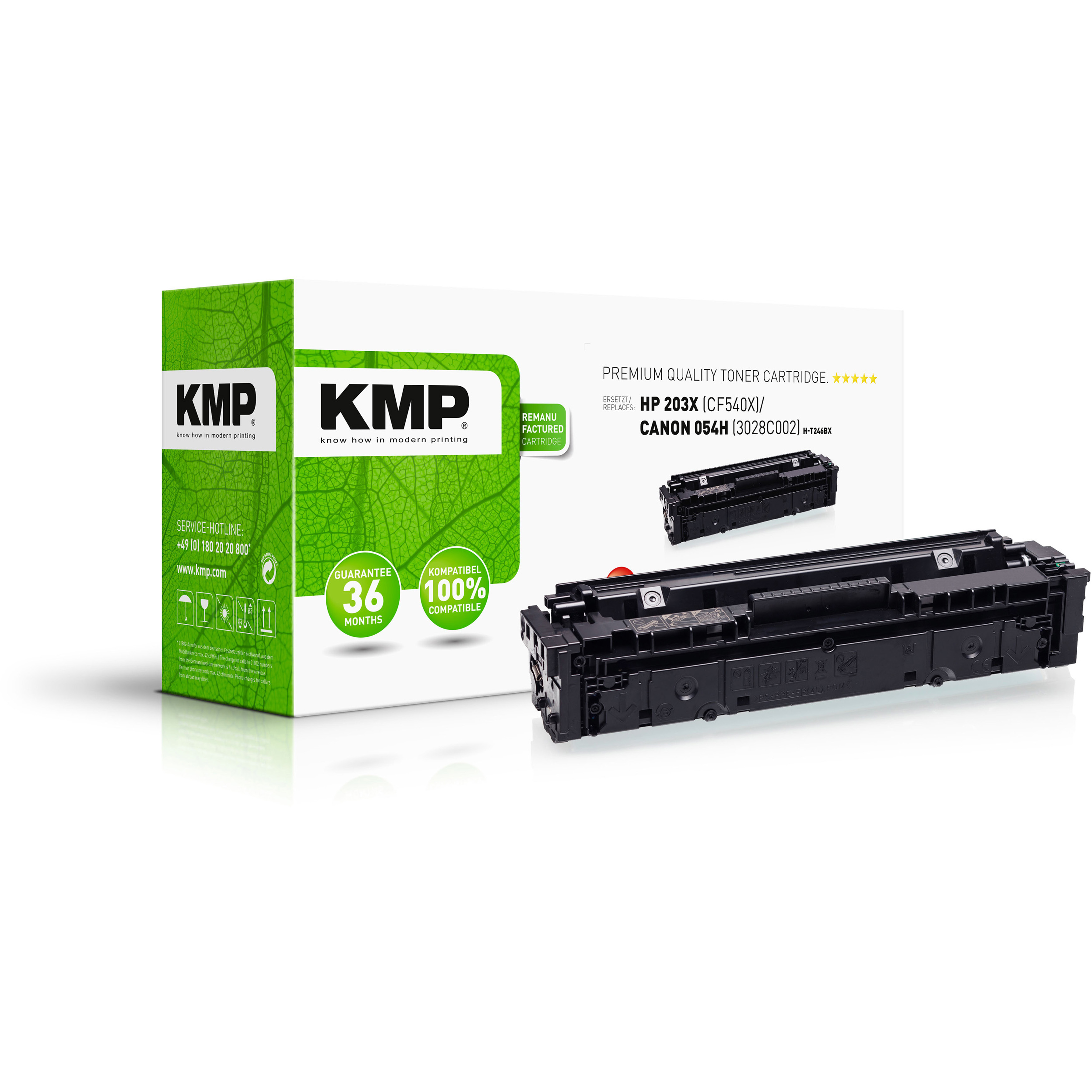 Una caja de cartucho de tóner KMP y un cartucho. La caja es verde y blanca con detalles del producto.