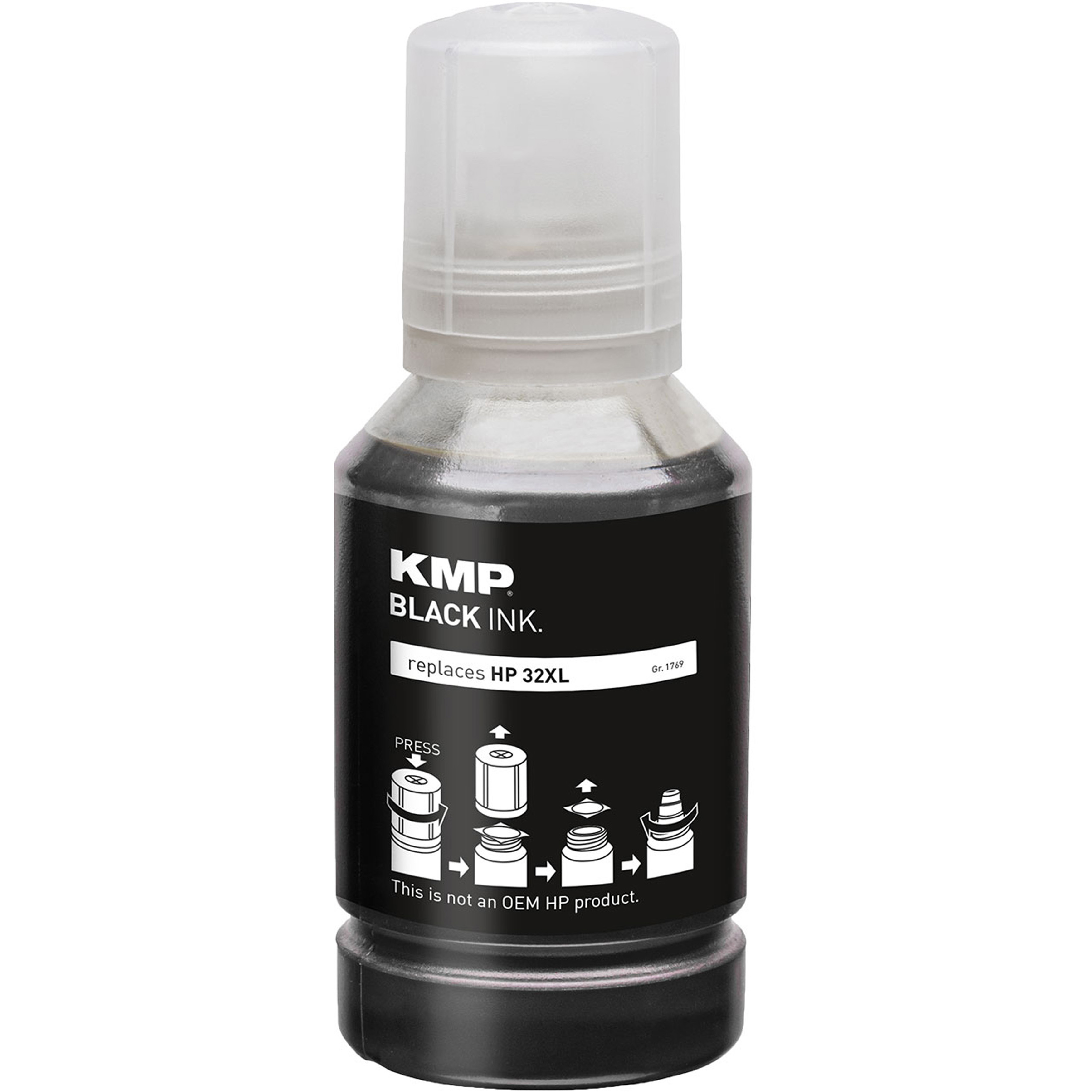Un flacone di inchiostro nero con un'etichetta bianca e la scritta "KMP BLACK INK". C'è un tappo trasparente.