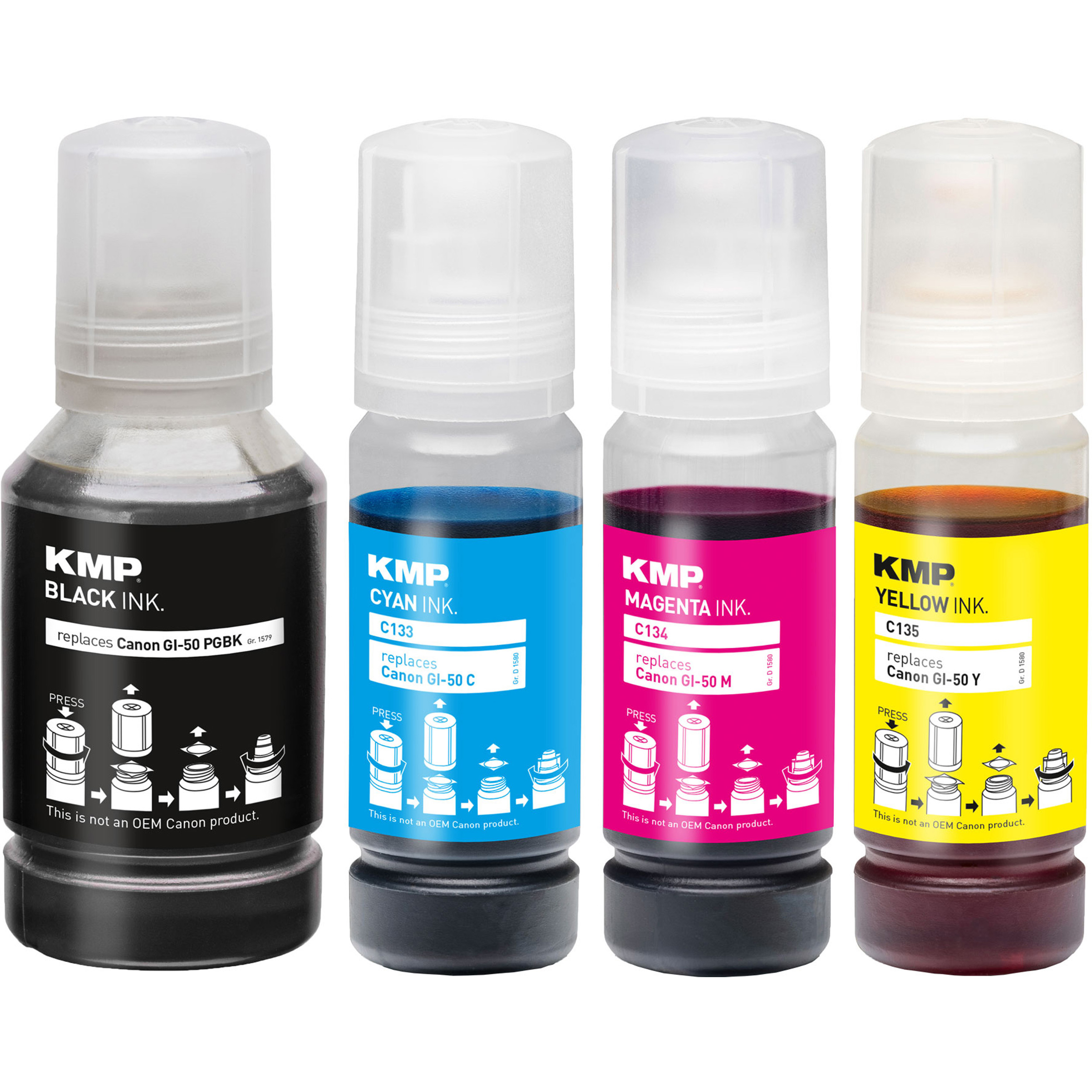 Vier Tintenflaschen: schwarz, cyan, magenta und gelb. Jede mit unterschiedlicher Tinte.
