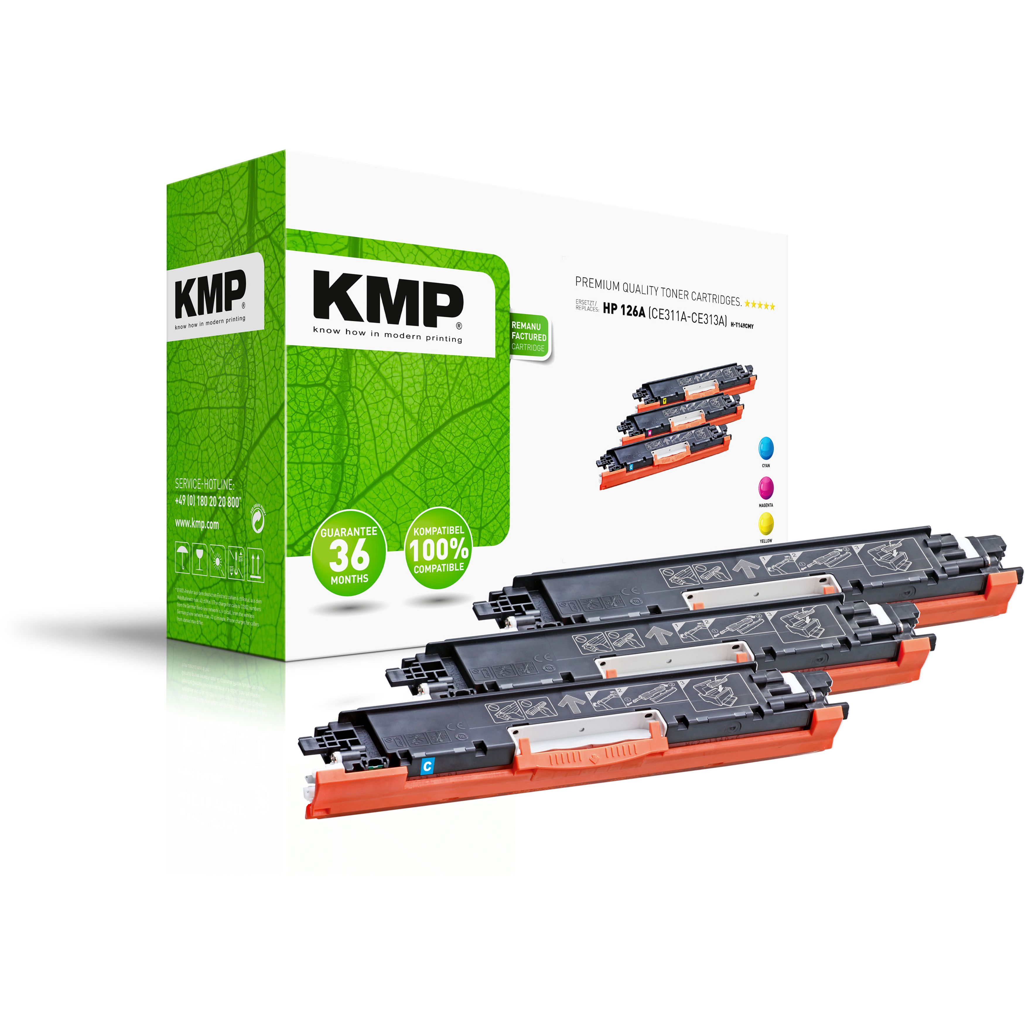 Cartucce toner KMP in una scatola. Vengono mostrate quattro cartucce, con la scatola e tre cartucce visibili.
