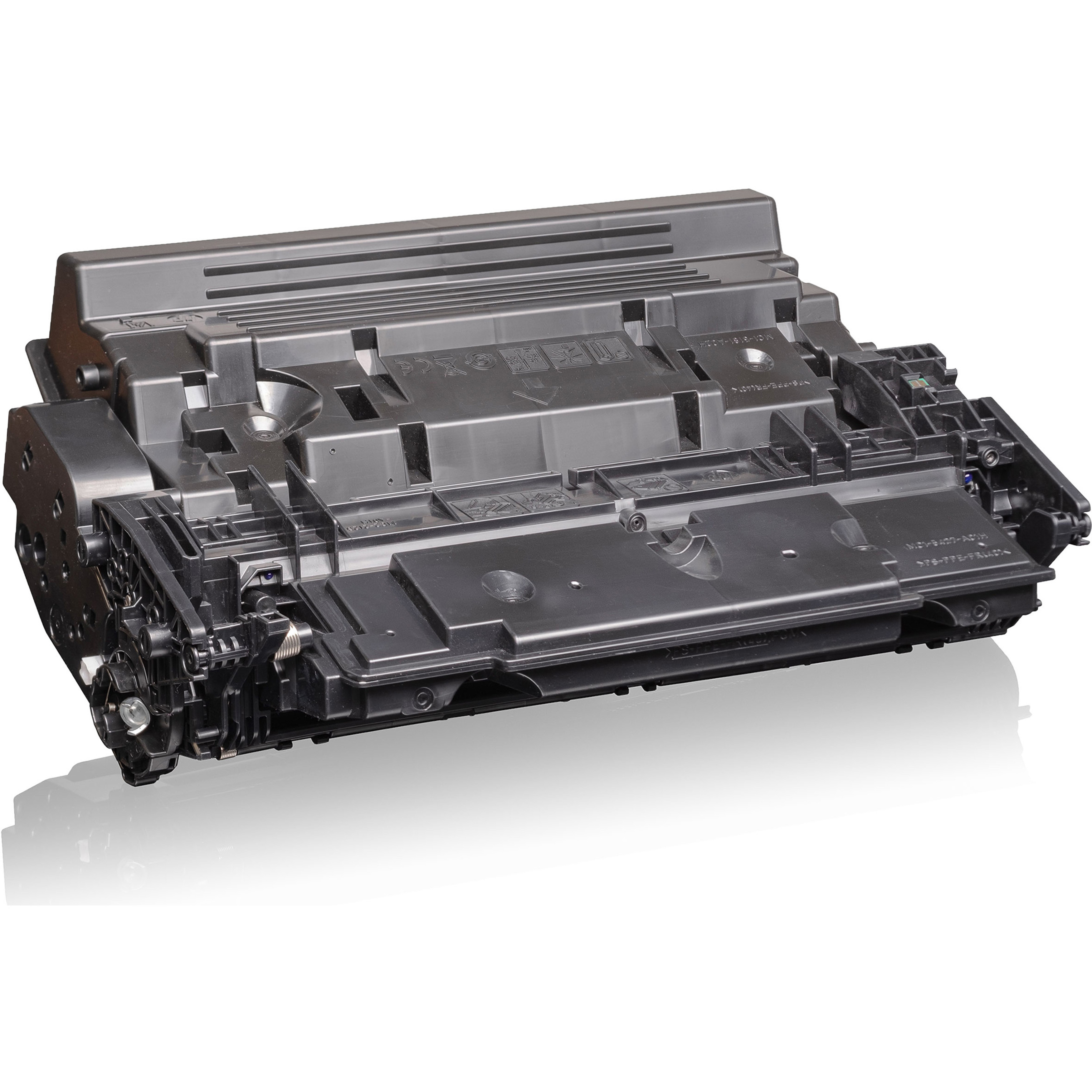 Cartuccia toner nera su sfondo bianco, con riflesso.
