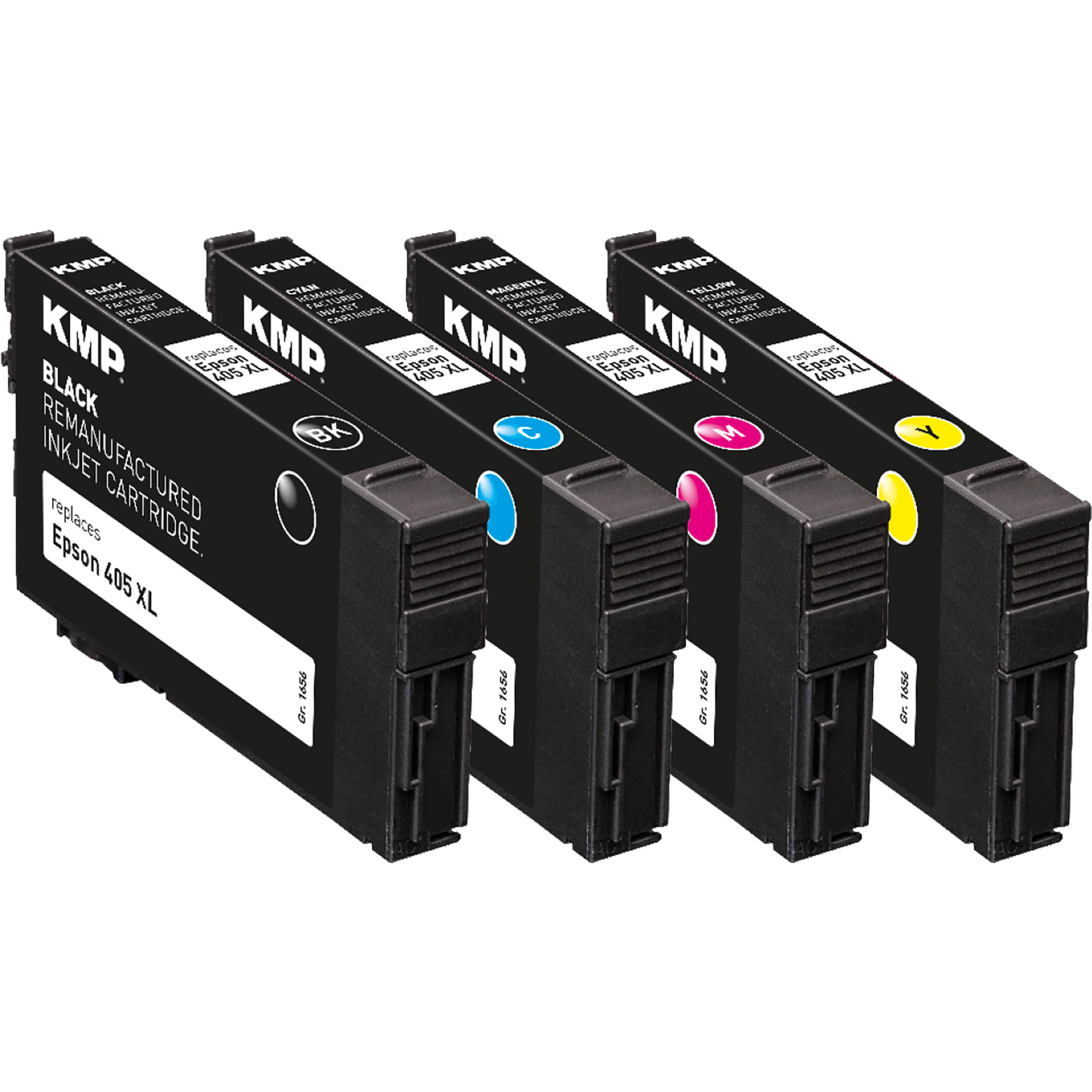 Vier KMP Tintenpatronen in Schwarz, Cyan, Magenta und Gelb.