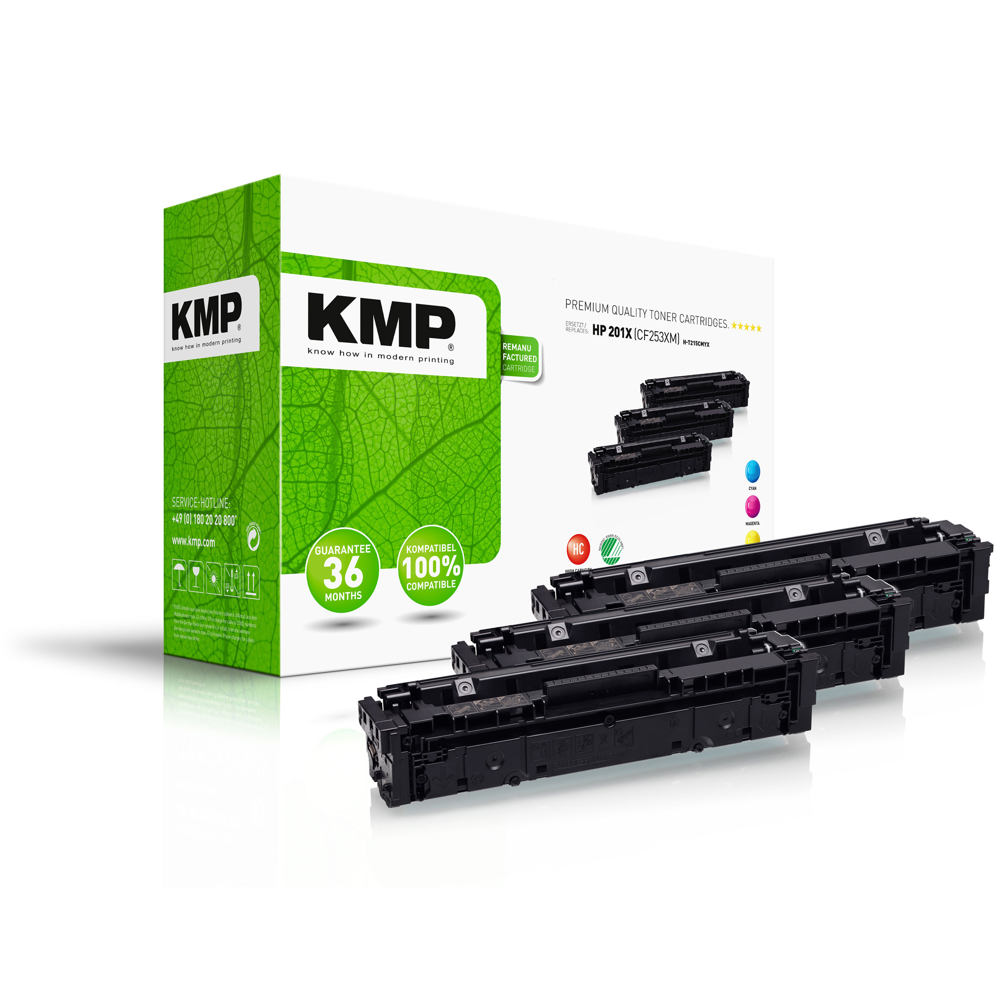 Una scatola di cartucce toner KMP verde e bianca accanto a cartucce toner aperte in nero, ciano, magenta e giallo.