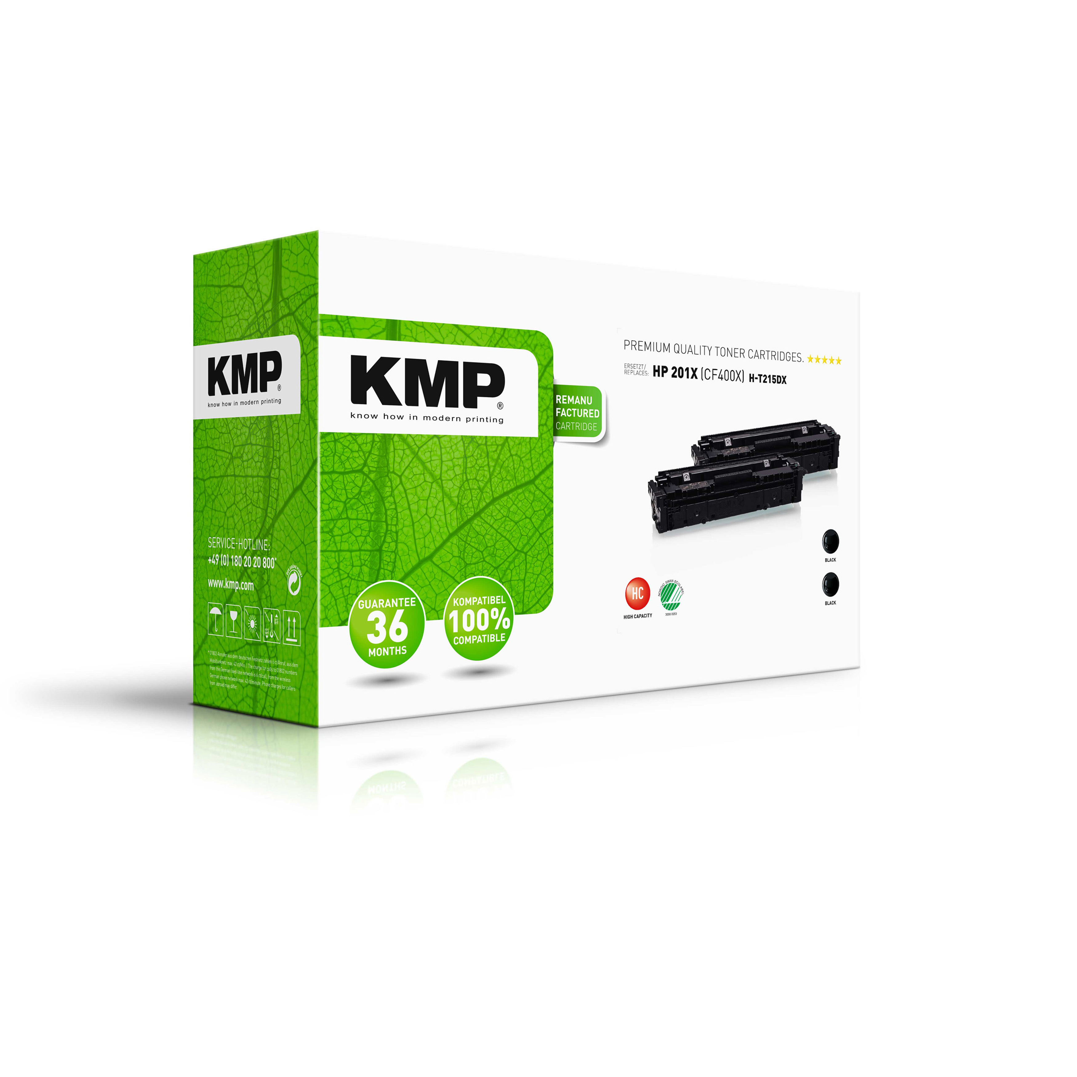 Scatola di cartucce toner KMP. Scatola bianca con logo verde.