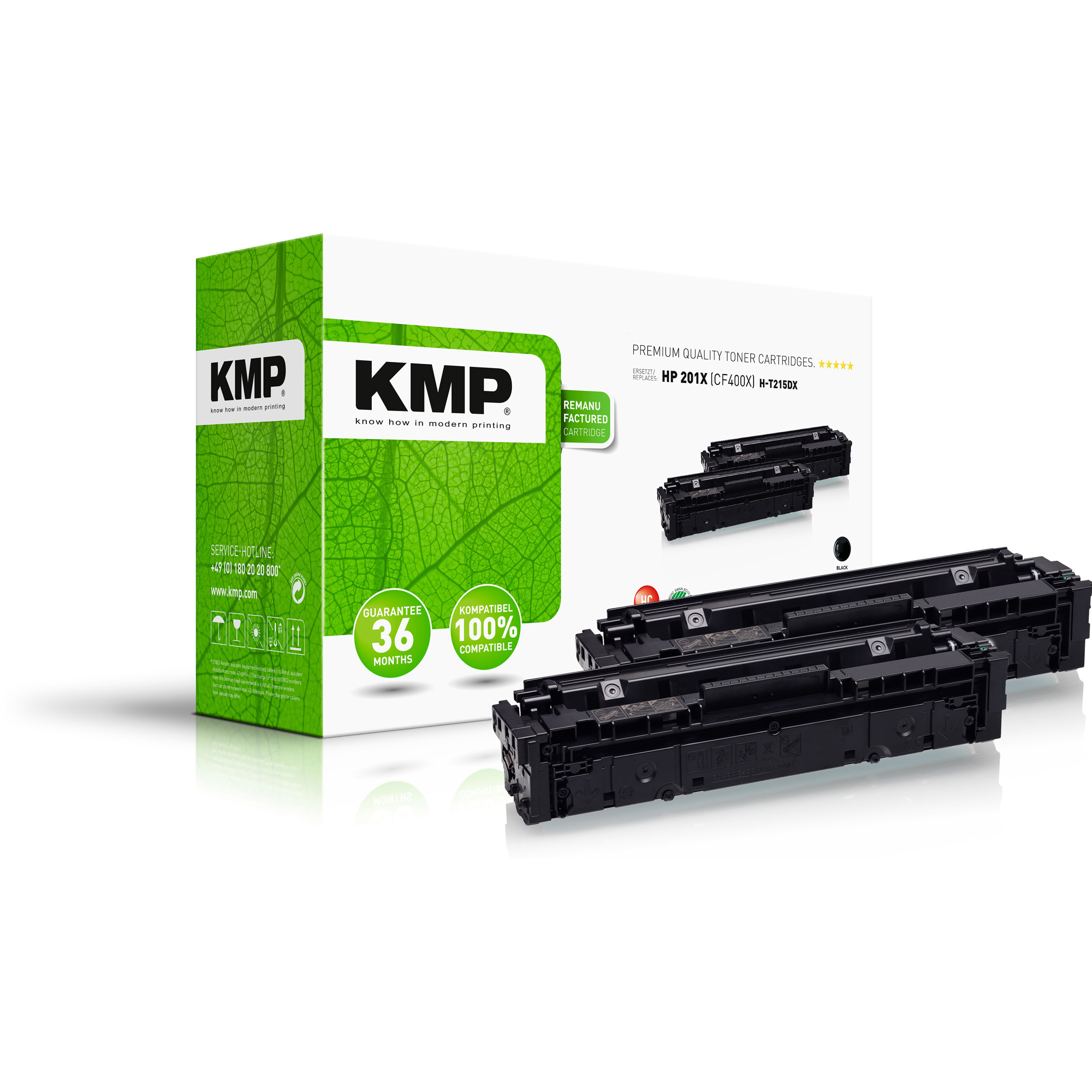 Una scatola di cartucce toner KMP bianca e verde con più cartucce toner nere davanti.