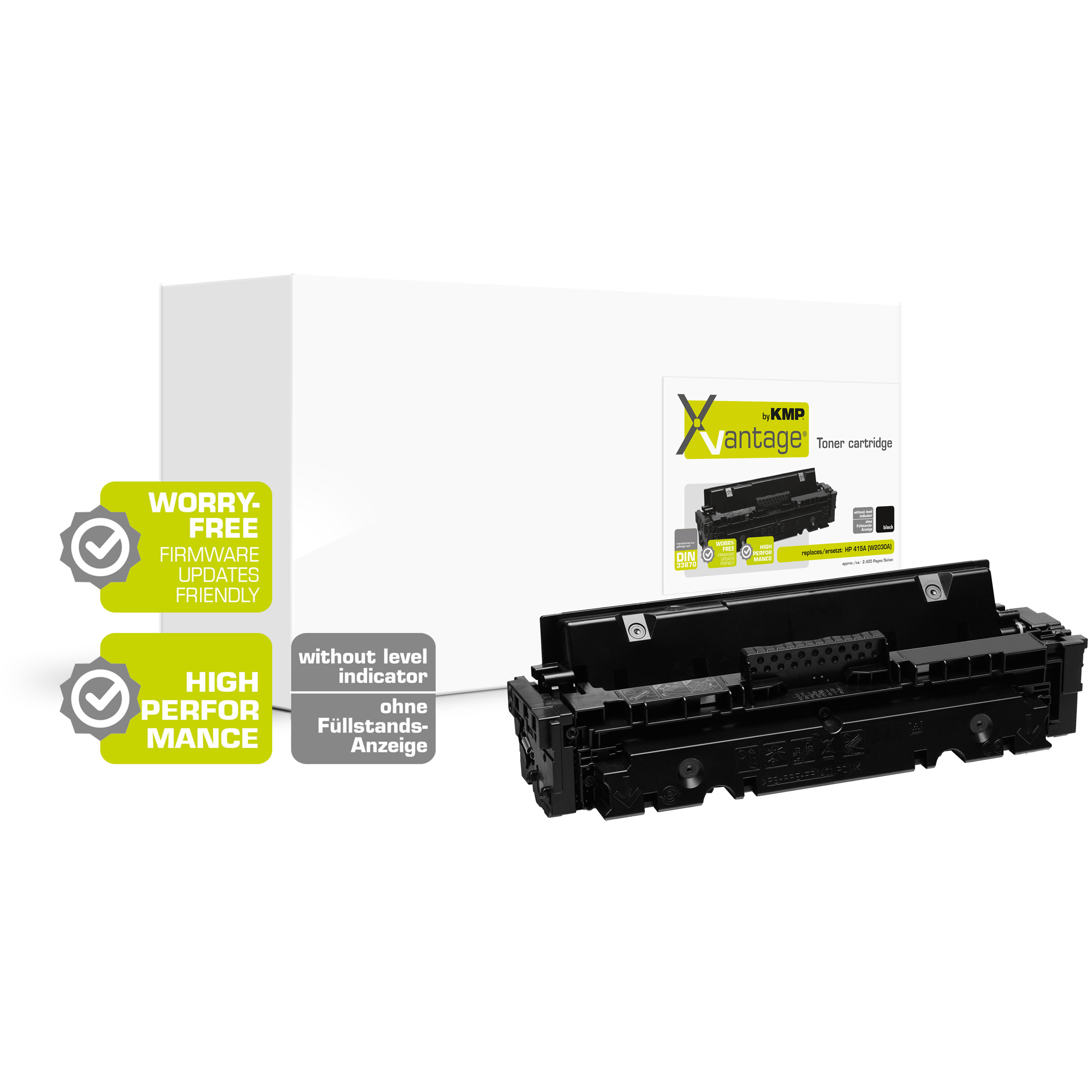 Eine schwarze Tonerkartusche in einer weißen Box mit Text und Logos.