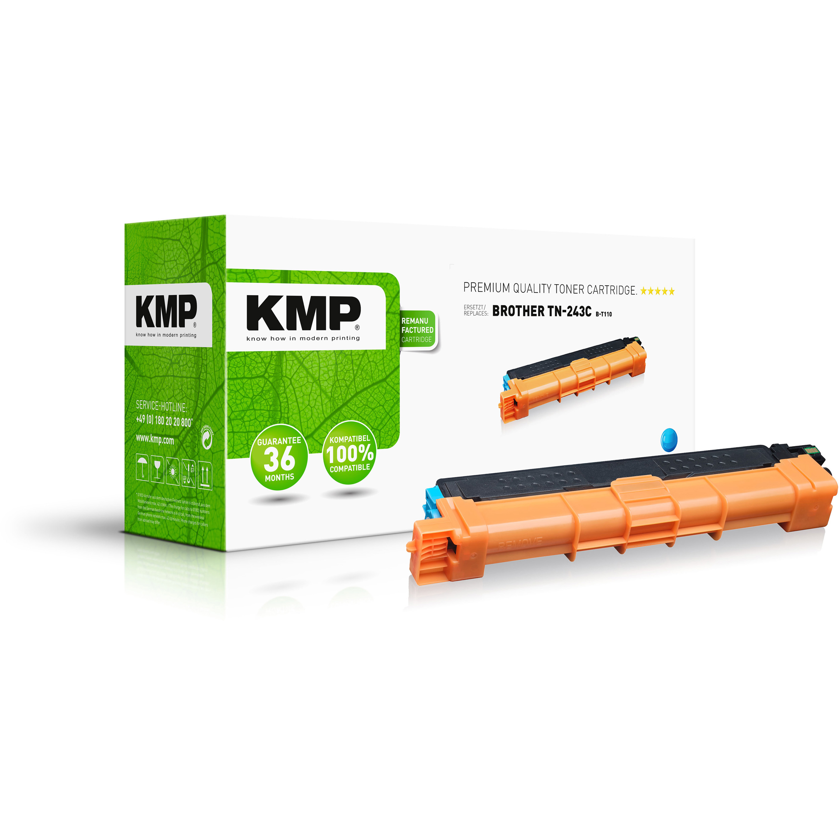 Una scatola e una cartuccia toner KMP. La scatola è verde e bianca. La cartuccia è arancione e nera.