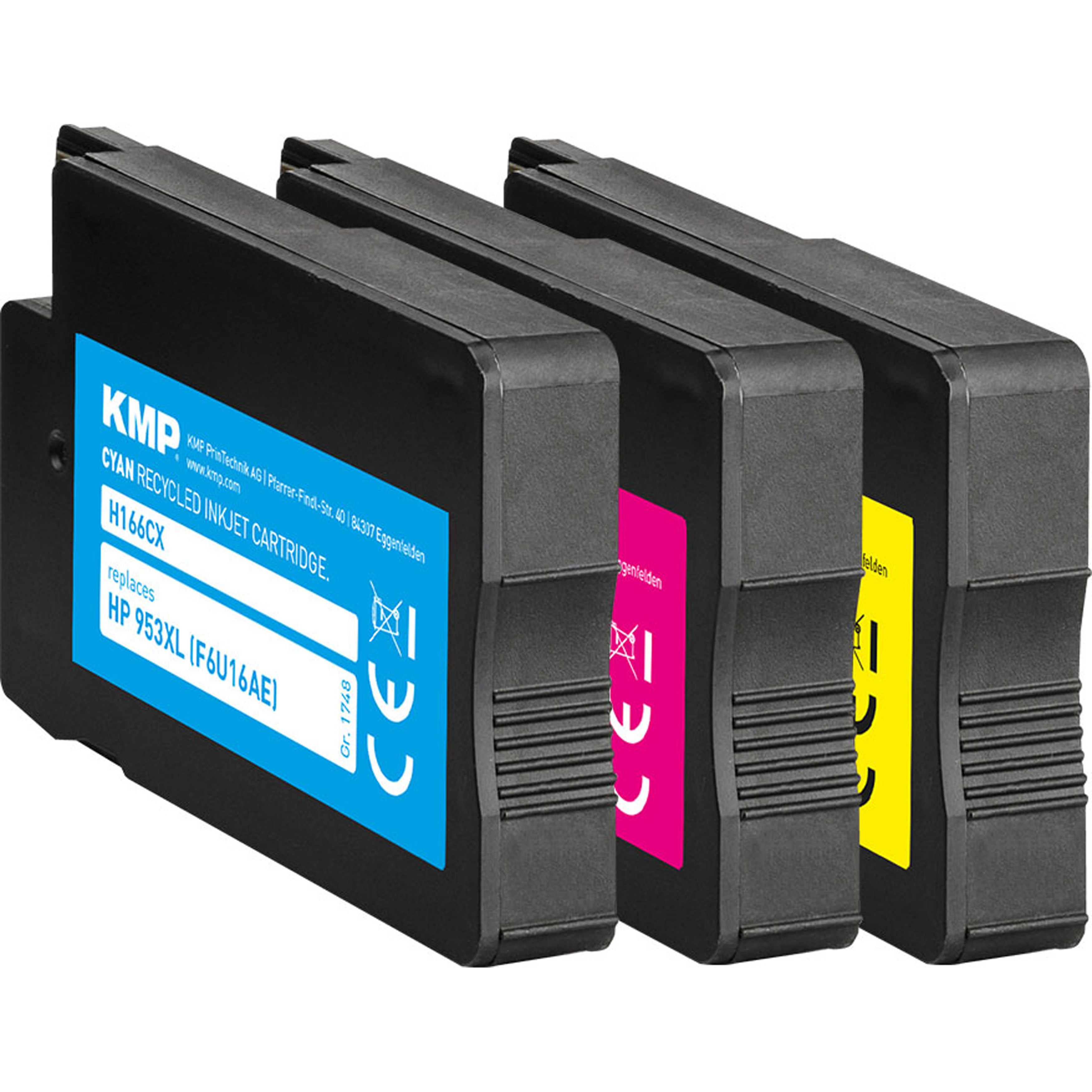 Tre cartucce a getto d'inchiostro KMP ciano, magenta e giallo sono allineate, su sfondo bianco.