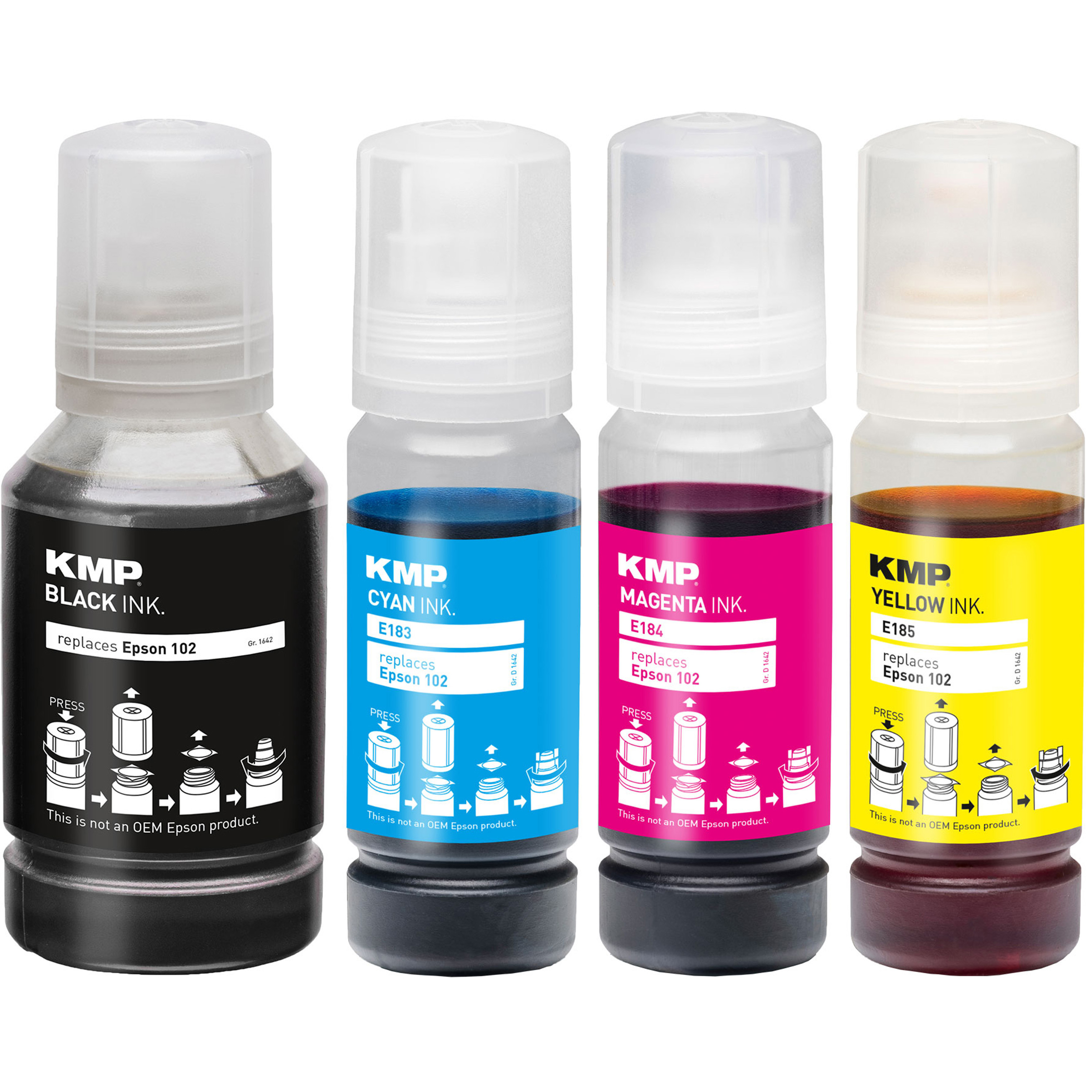 Tintenflaschen: Schwarz, Cyan, Magenta und Gelb. Jede mit Etikett und unterschiedlicher Tinte.