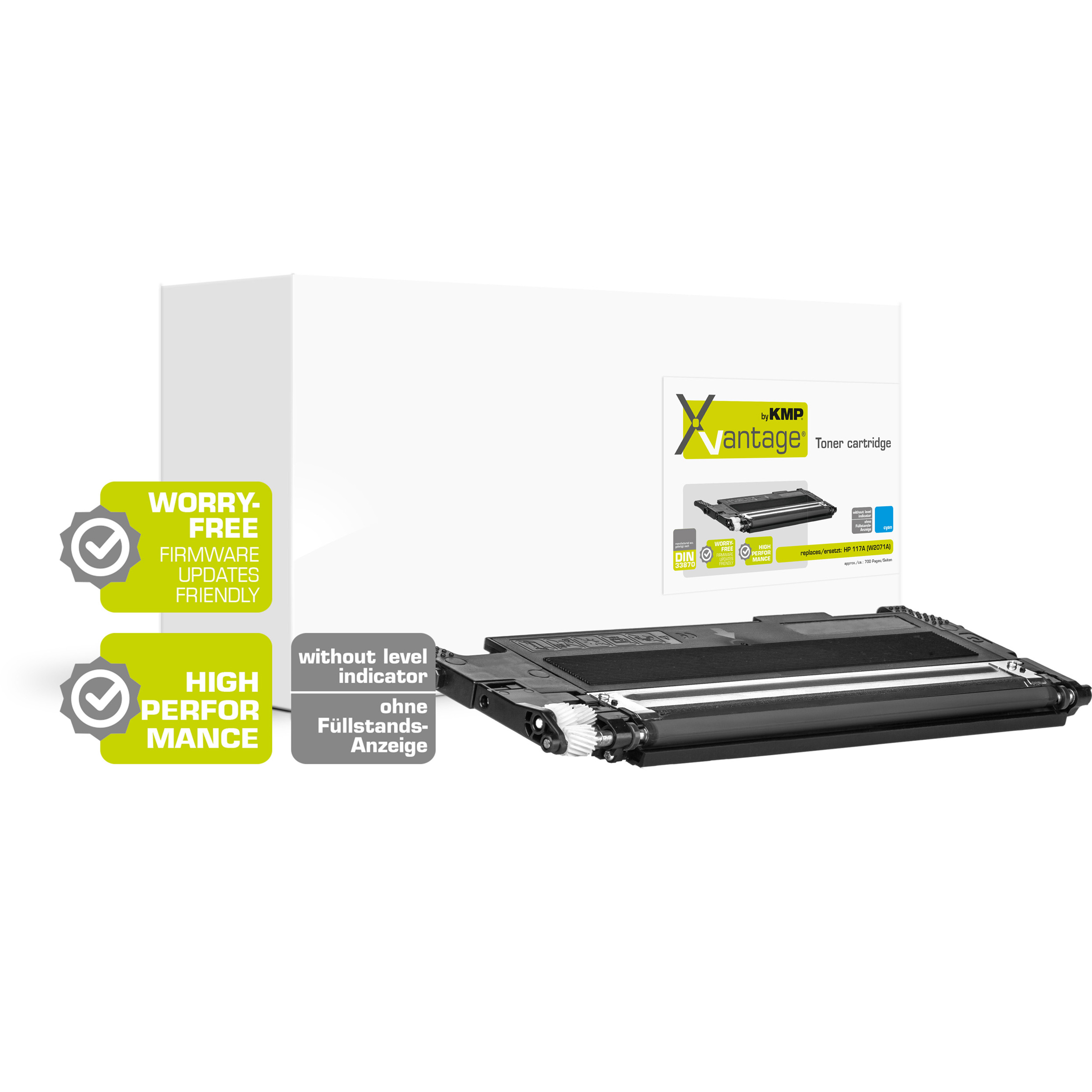 Eine weiße Box mit einer schwarzen Tonerkartusche. Sie hat ein KMP-Etikett und Informationstext zum Produkt.
