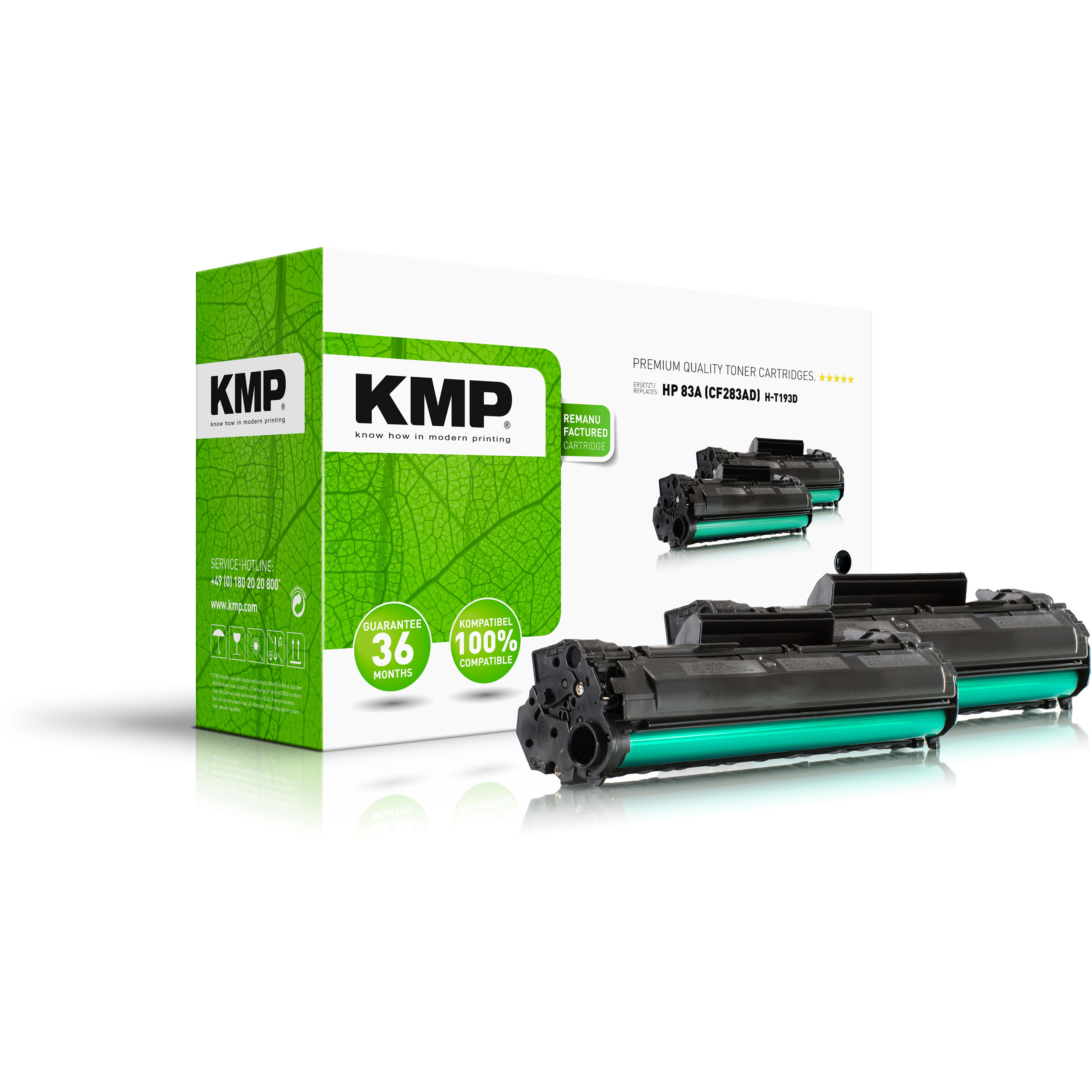 Una scatola bianca di cartucce toner con cartucce toner verdi e nere all'interno. La scatola ha un'etichetta verde.