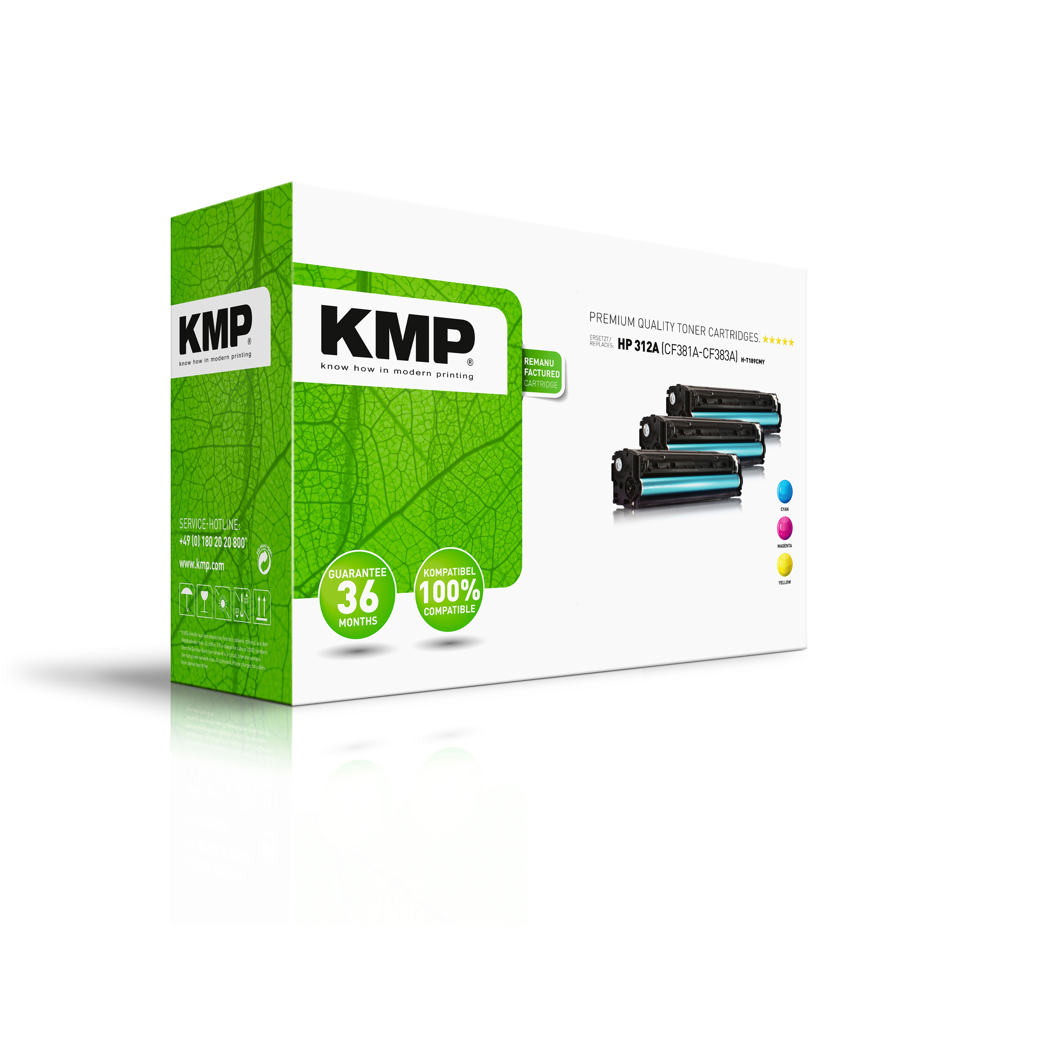 Pudełko z tonerami KMP, zielono-białe z czarnymi, niebieskimi i różowymi wkładami.