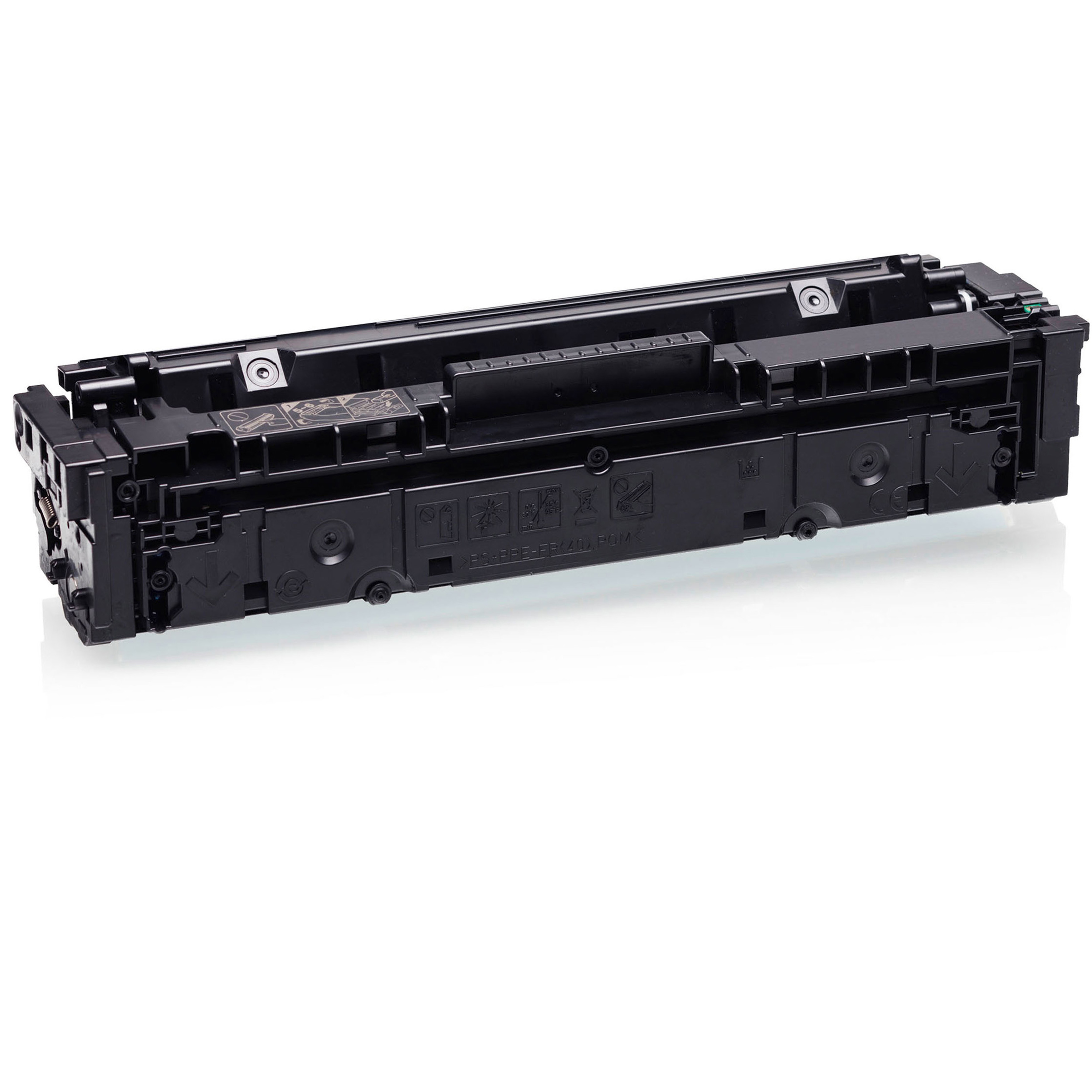 Cartuccia toner nera su una superficie bianca. È un primo piano della cartuccia.