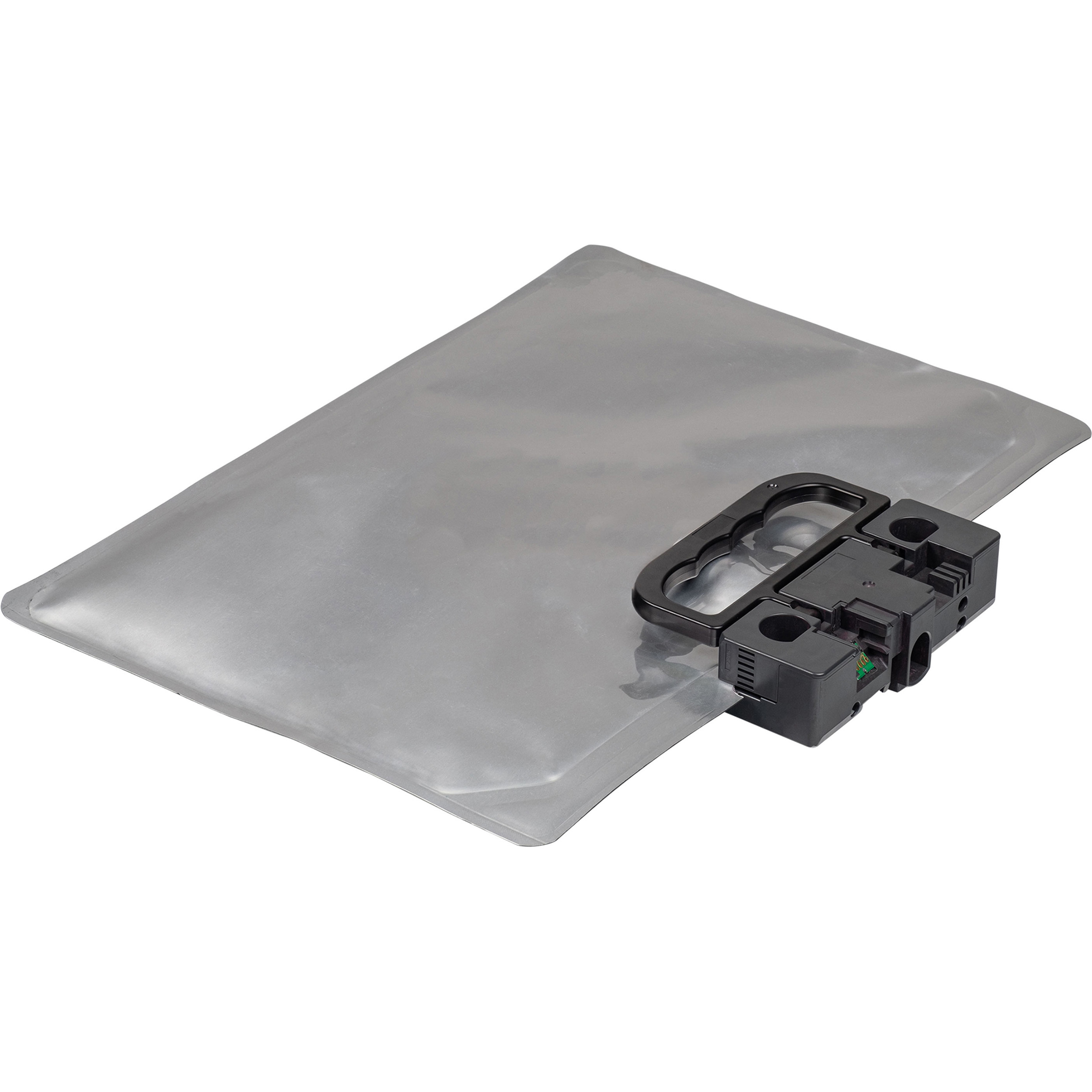Silbernes Pad mit schwarzem Griff und schwarzem Anschluss.