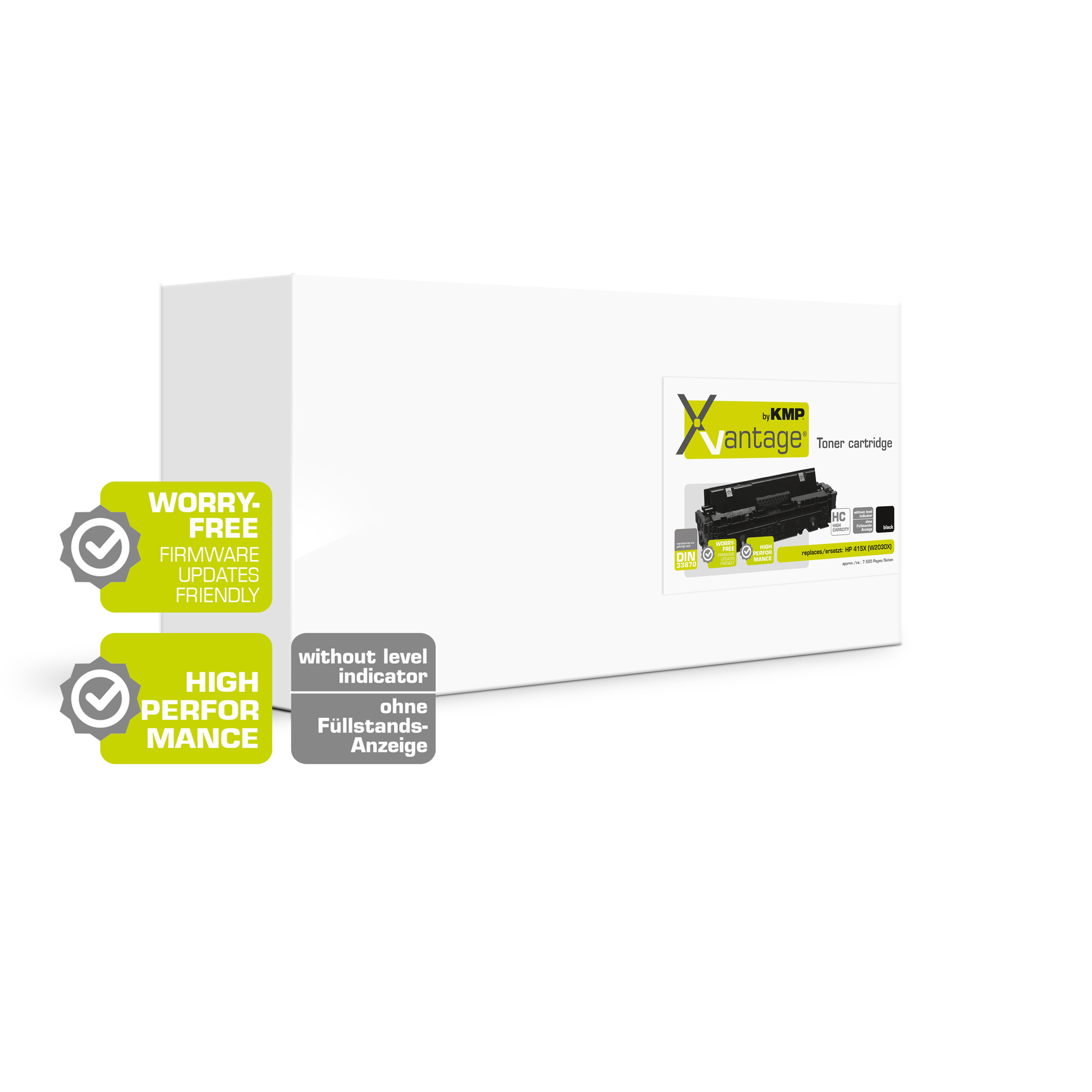 Tonerpatronenbox mit schwarzer Patrone. Weiße Box mit grünen und grauen Details.