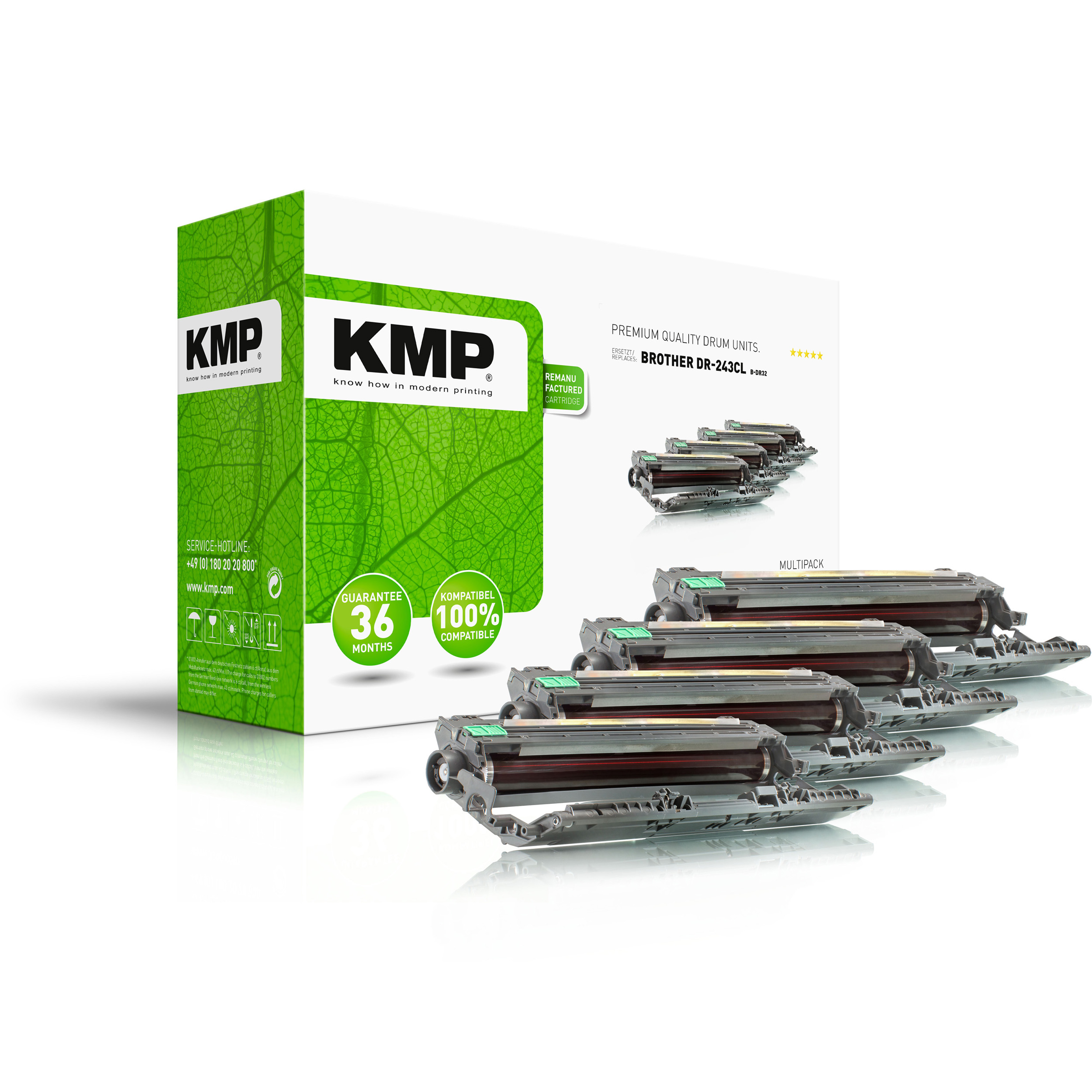 Schachtel mit Druckerpatronen mit grün-weißem Design und dem KMP-Logo.