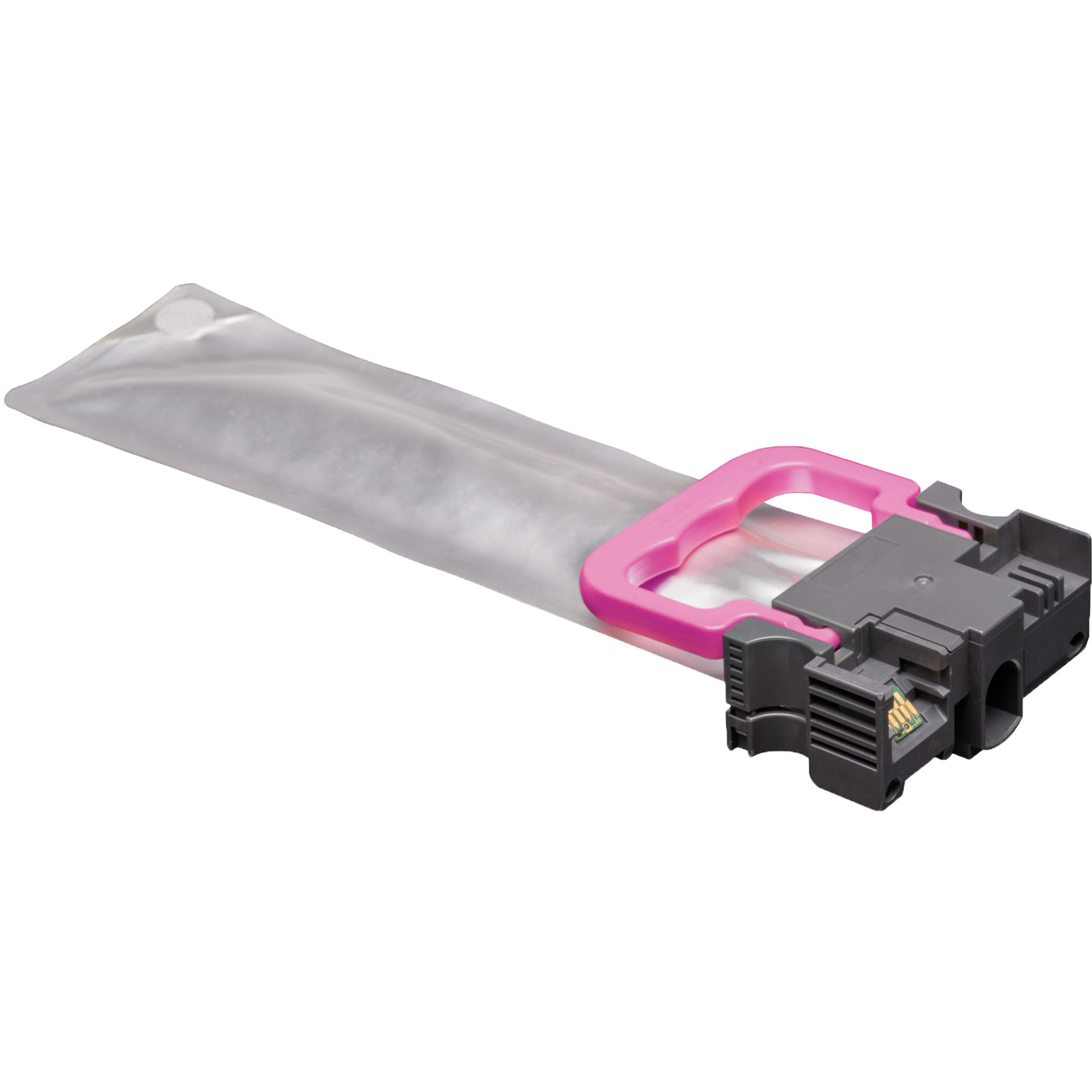 Tintenpatrone, rosa Griff, grauer Körper, durchscheinender Beutel. Weißer Hintergrund.