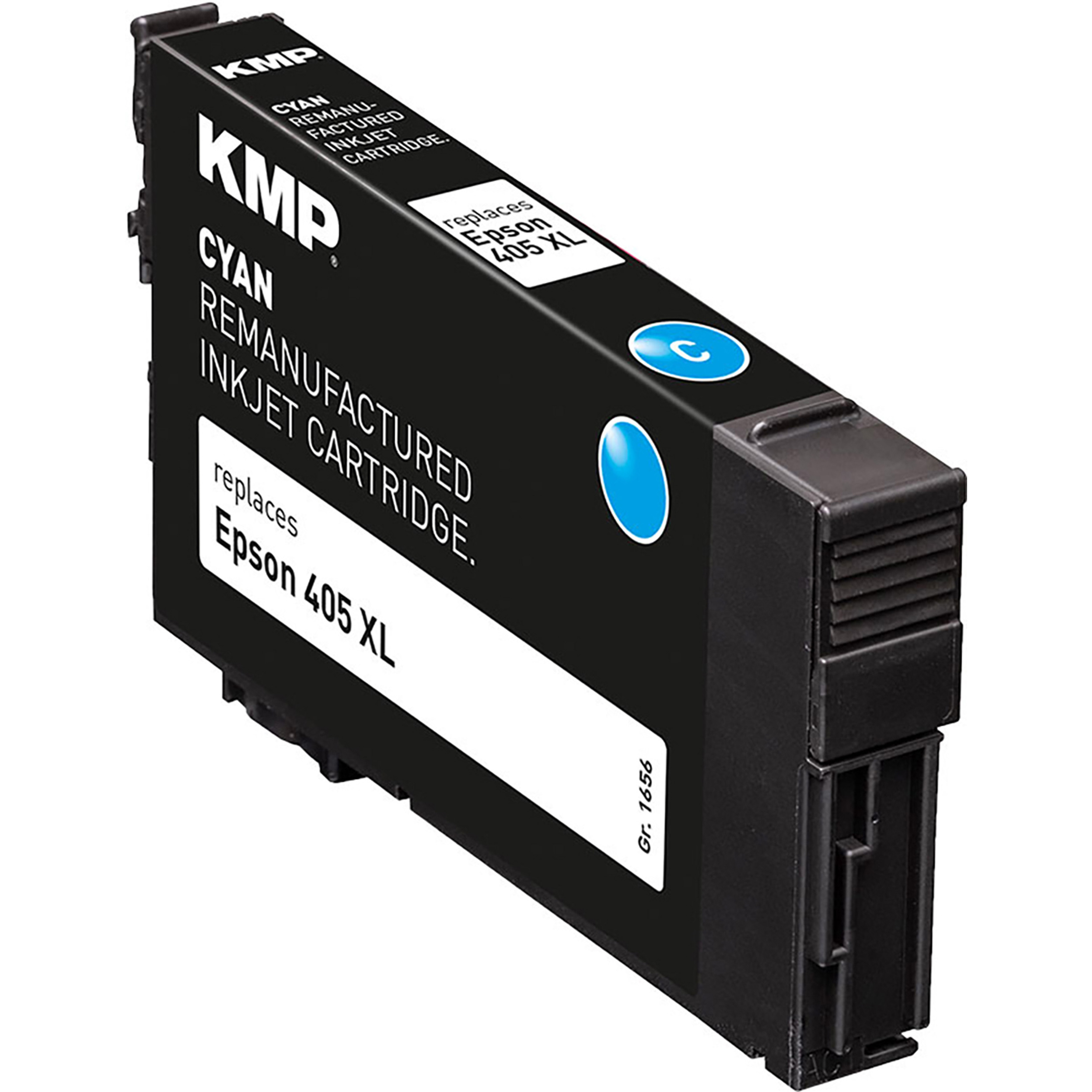 Cartuccia a getto d'inchiostro ciano, corpo nero con dettagli ciano, sostituisce Epson 405 XL. Marca KMP.
