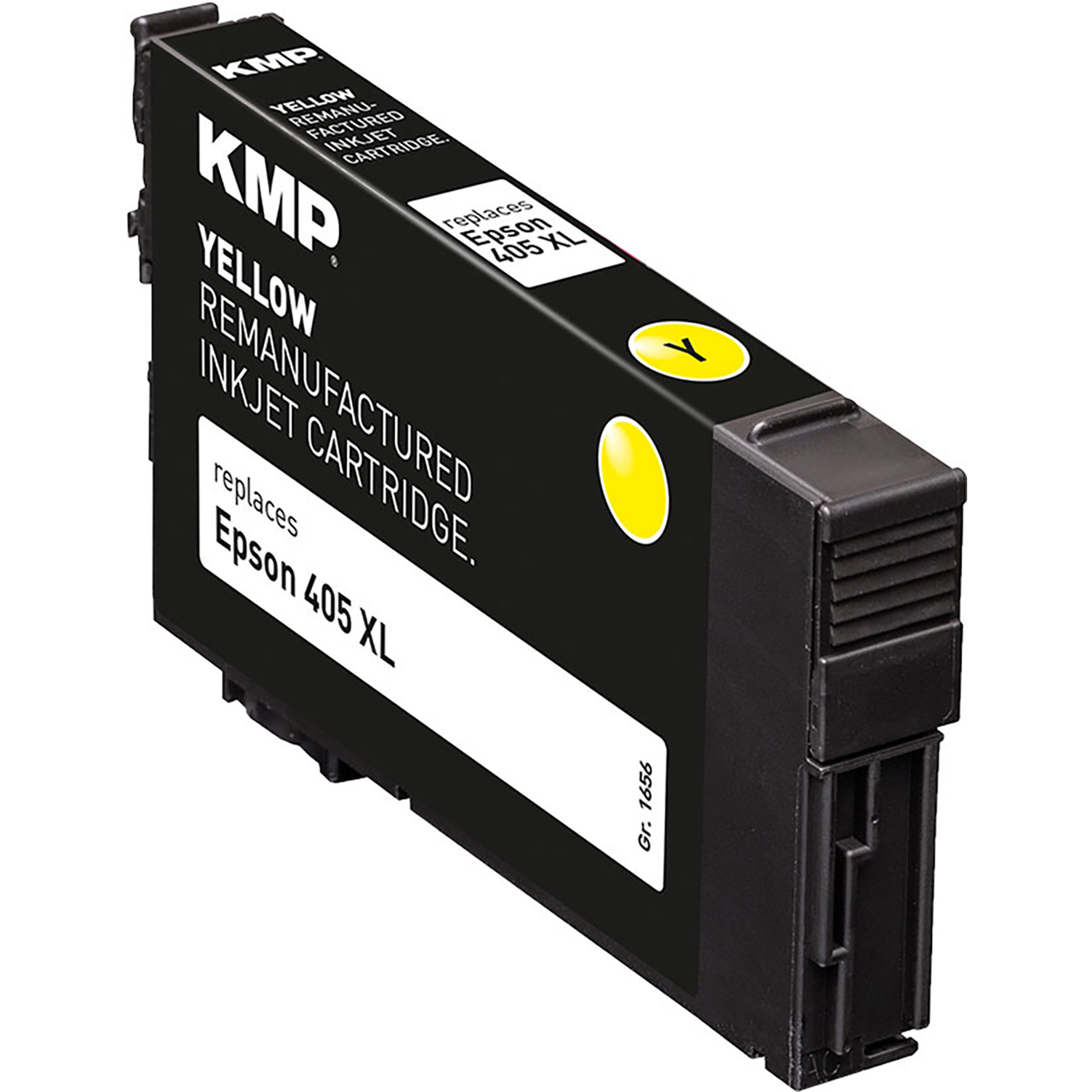 Cartuccia a getto d'inchiostro KMP nera e gialla, sostituisce Epson 405 XL, con etichetta gialla, su sfondo bianco.