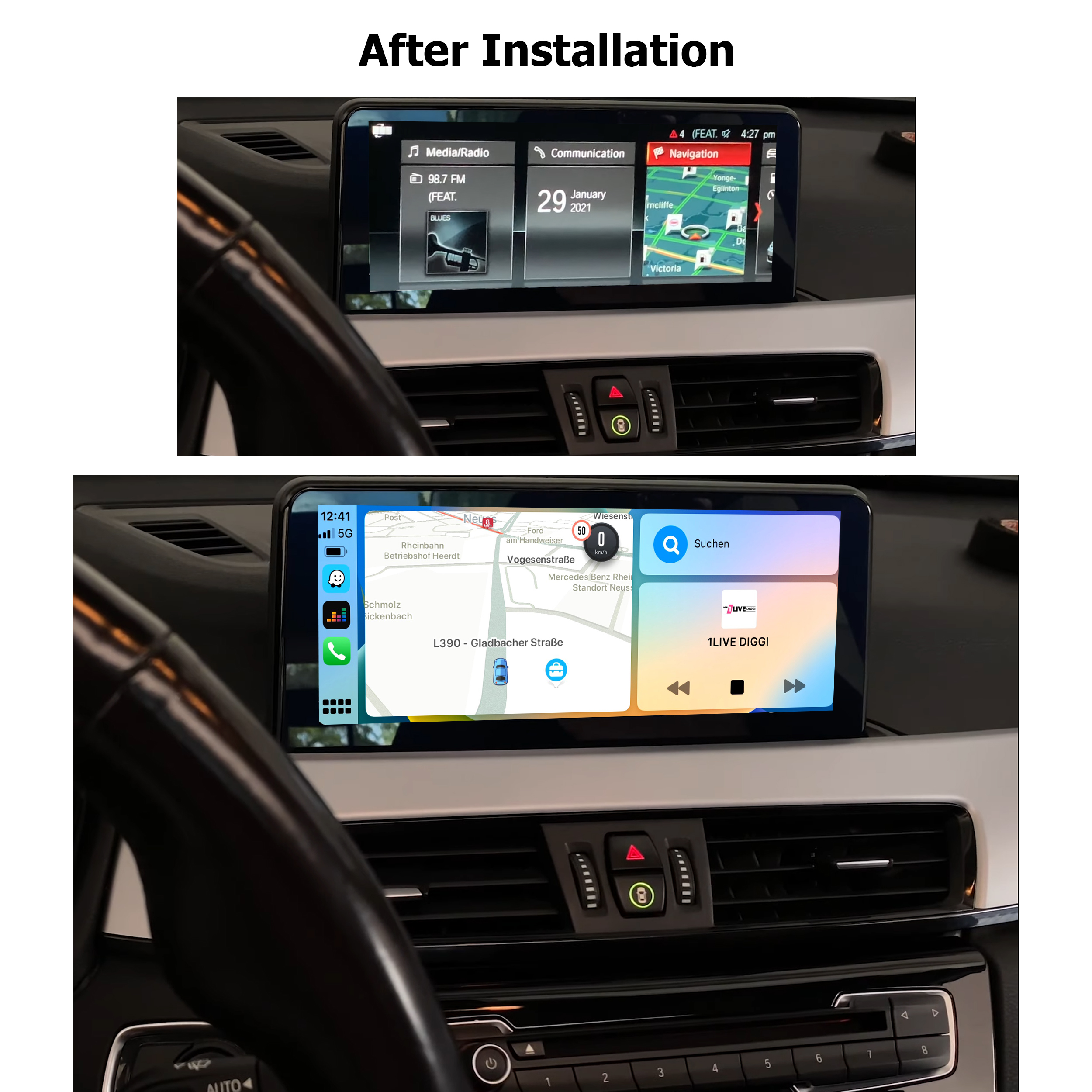 Zwei Bilder, die ein Armaturenbrett mit Bildschirm zeigen, vor und nach einem Upgrade.