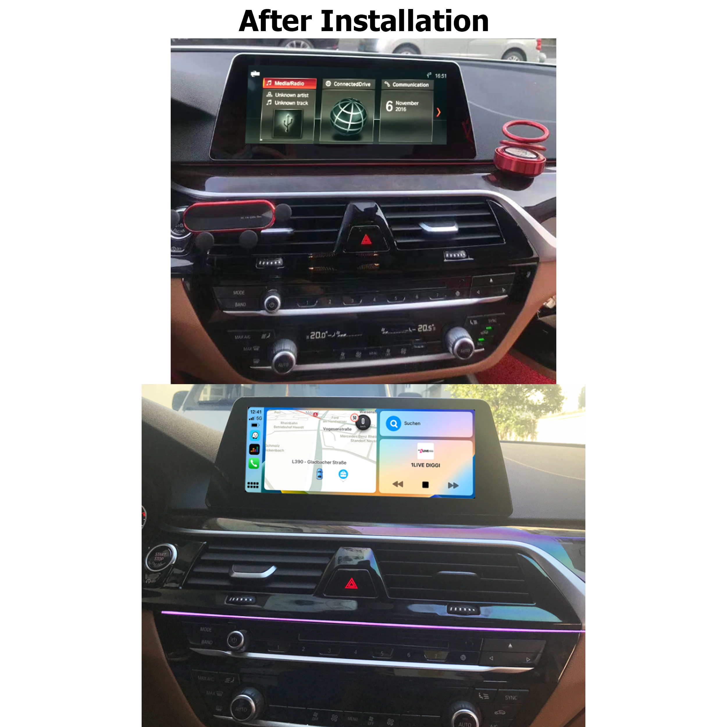 Autoinnenraum vor und nach der Installation eines Bildschirms.