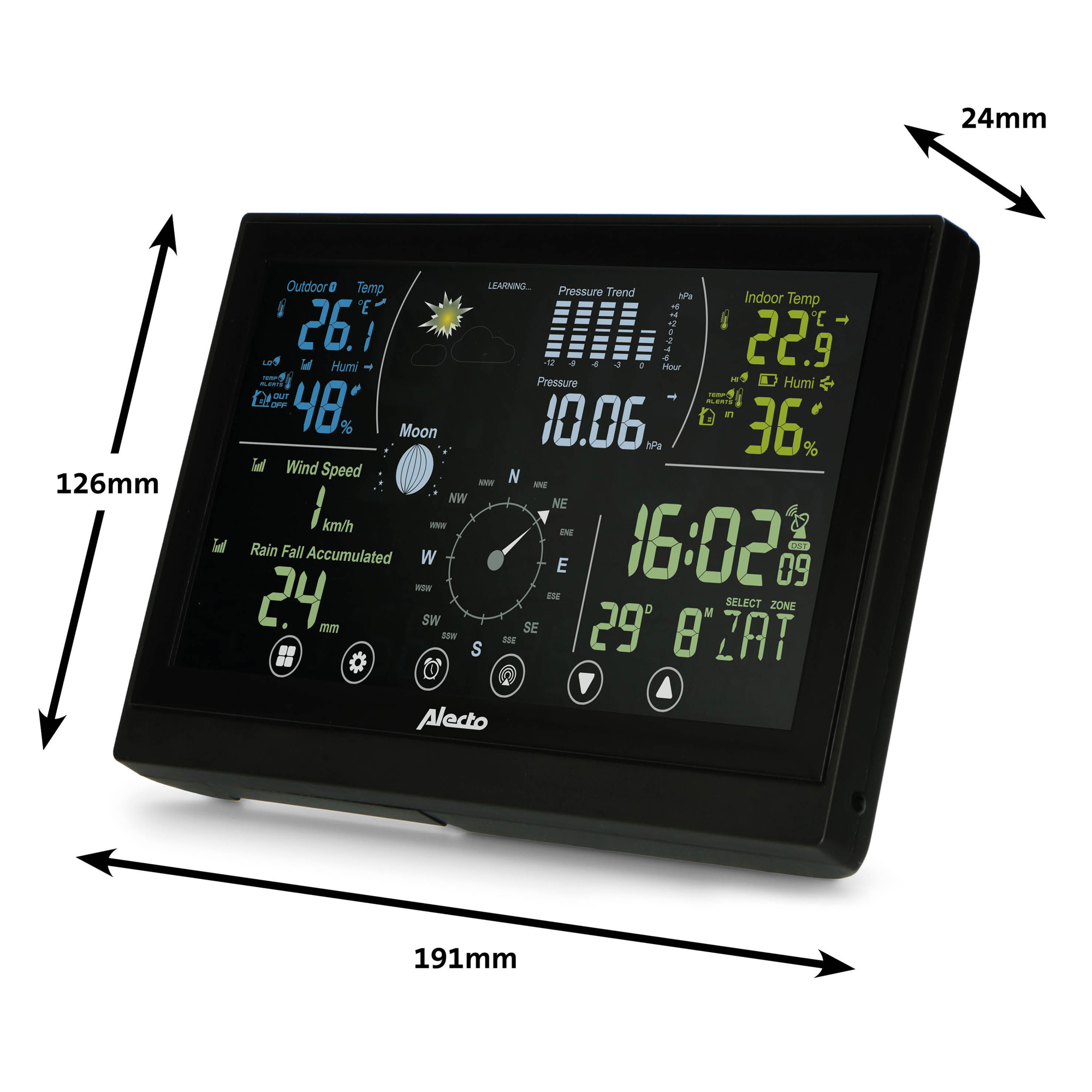 Stazione meteorologica nera con display digitale che mostra temperatura, umidità e dati meteo. Le dimensioni sono indicate.