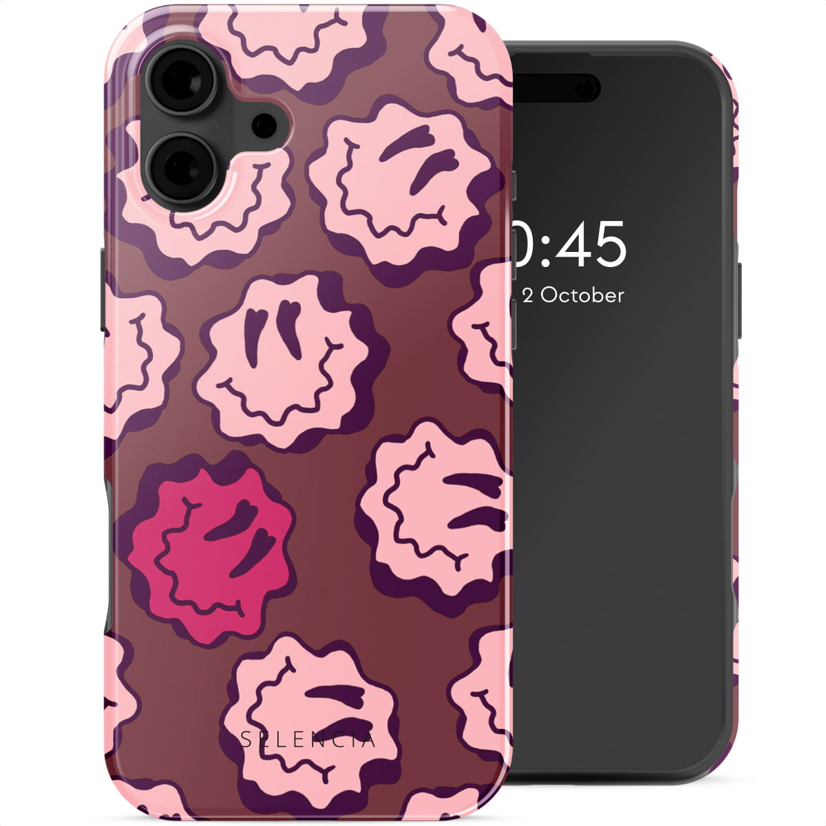 Custodia per telefono con faccine sorridenti rosa su sfondo marrone. Il telefono mostra l'ora.