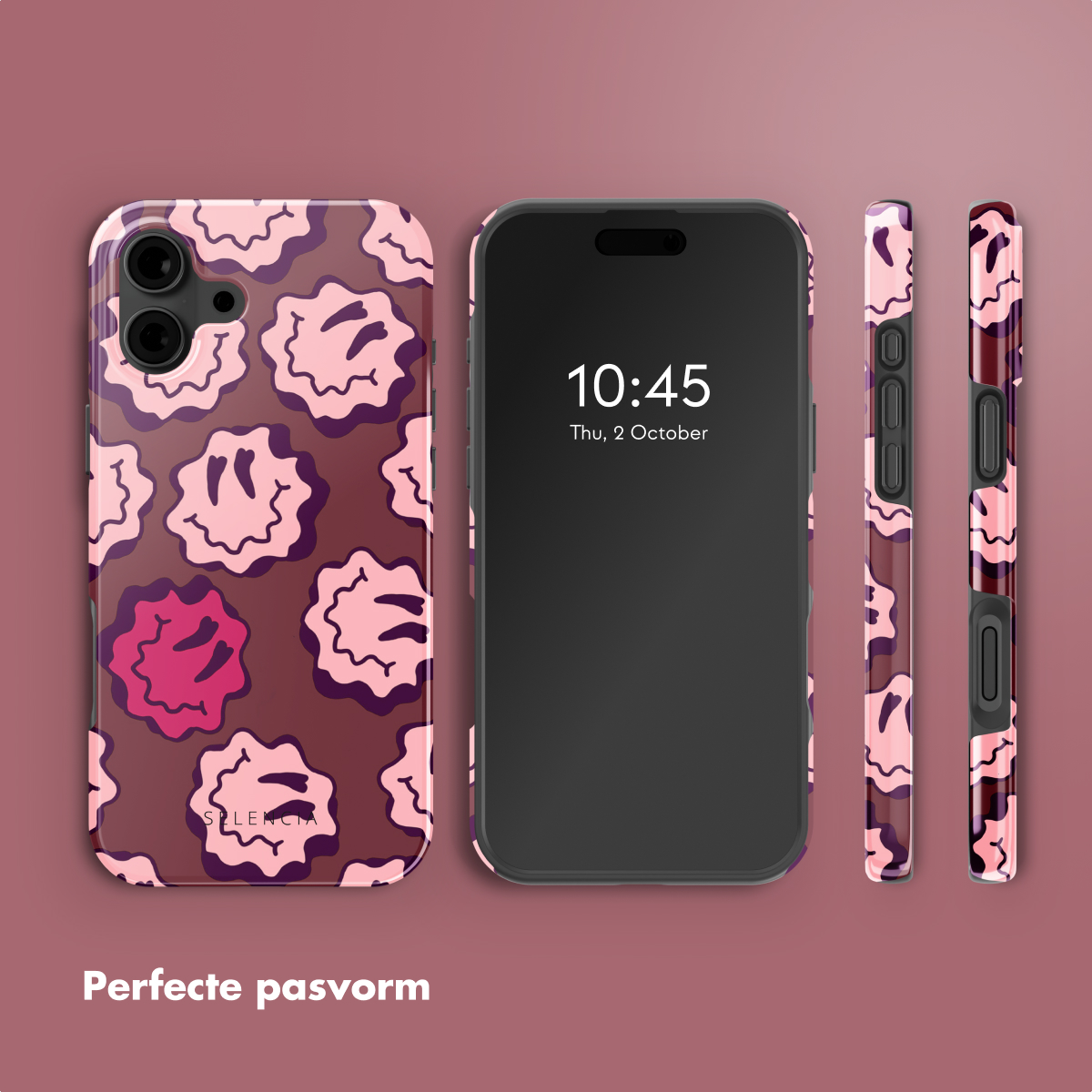 Custodia per telefono con un motivo a faccina sorridente rosa ripetuto. Vengono mostrate tre diverse viste della custodia.