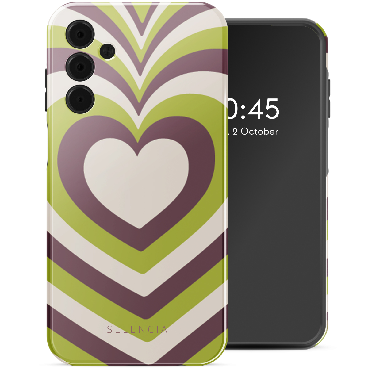 Telefoonhoesje met hartpatroon. Telefoonscherm toont tijd en datum. Merk onderaan.