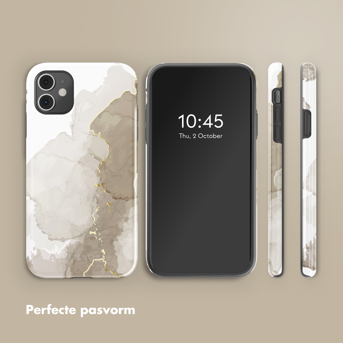 Tre custodie per telefono, una su un telefono che mostra l'ora e due custodie che mostrano motivi astratti marroni e oro.