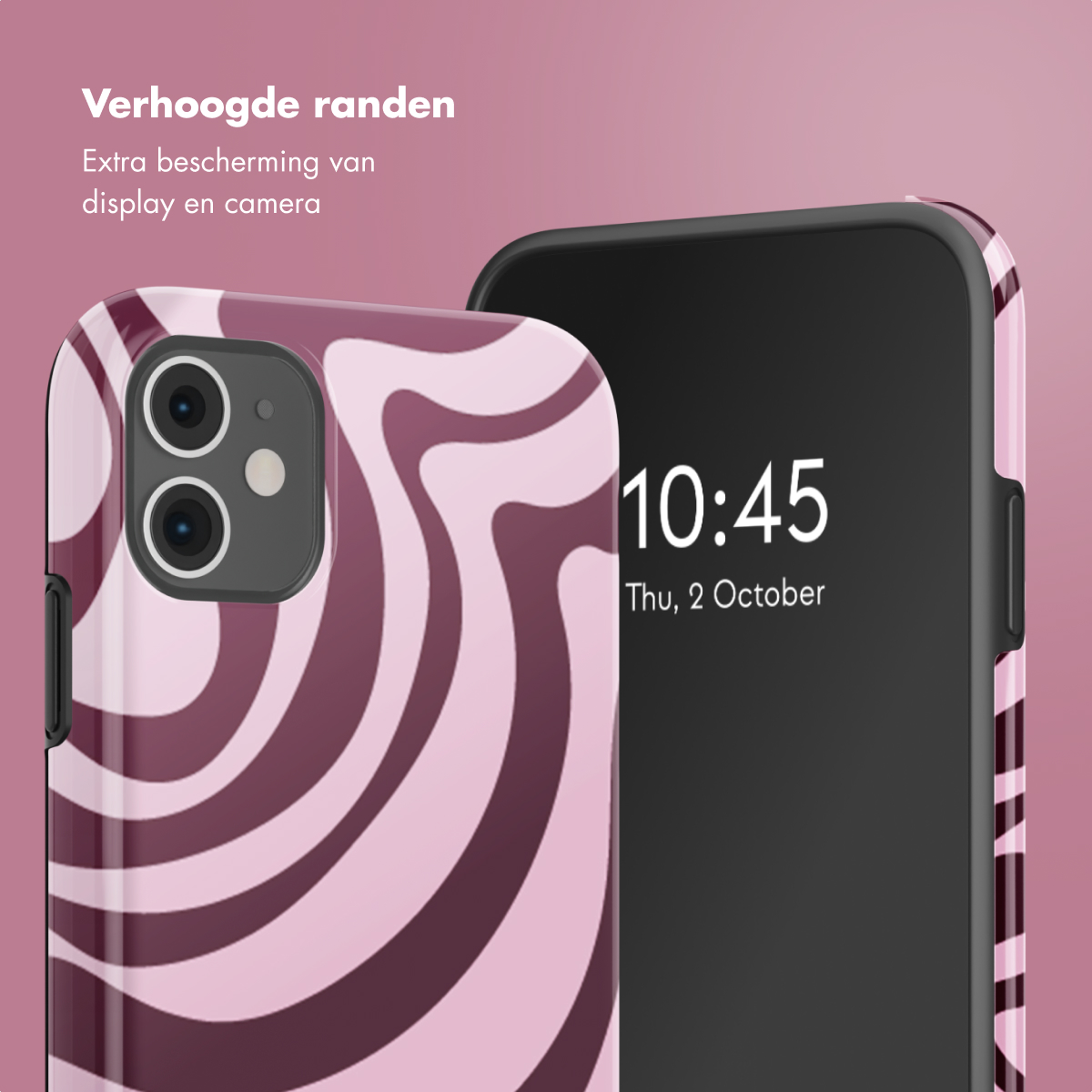 Una custodia per telefono con un design a spirale rosa e bianco e un telefono con schermo nero.