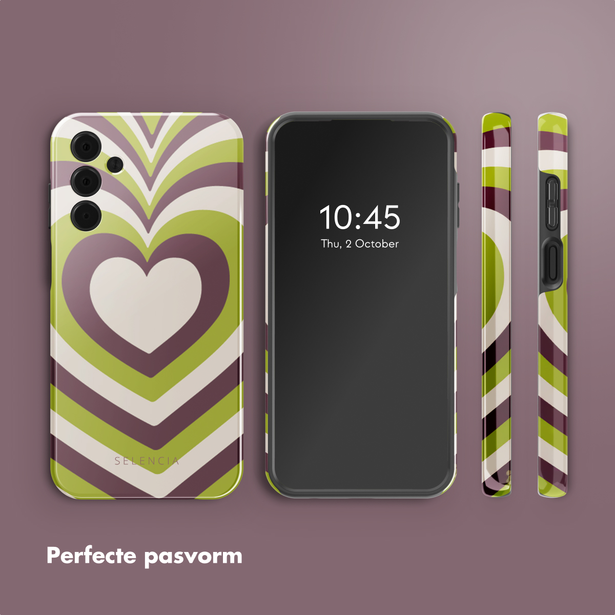 Telefoon met hoesje. De hoes heeft een hartontwerp. Een andere hoes en een telefoon aan de zijkanten.