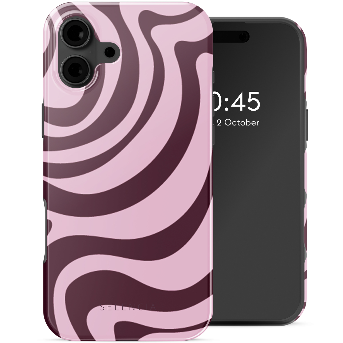 Een telefoon in een roze en bruine wervelcase met de tijd 10:45 op het scherm.