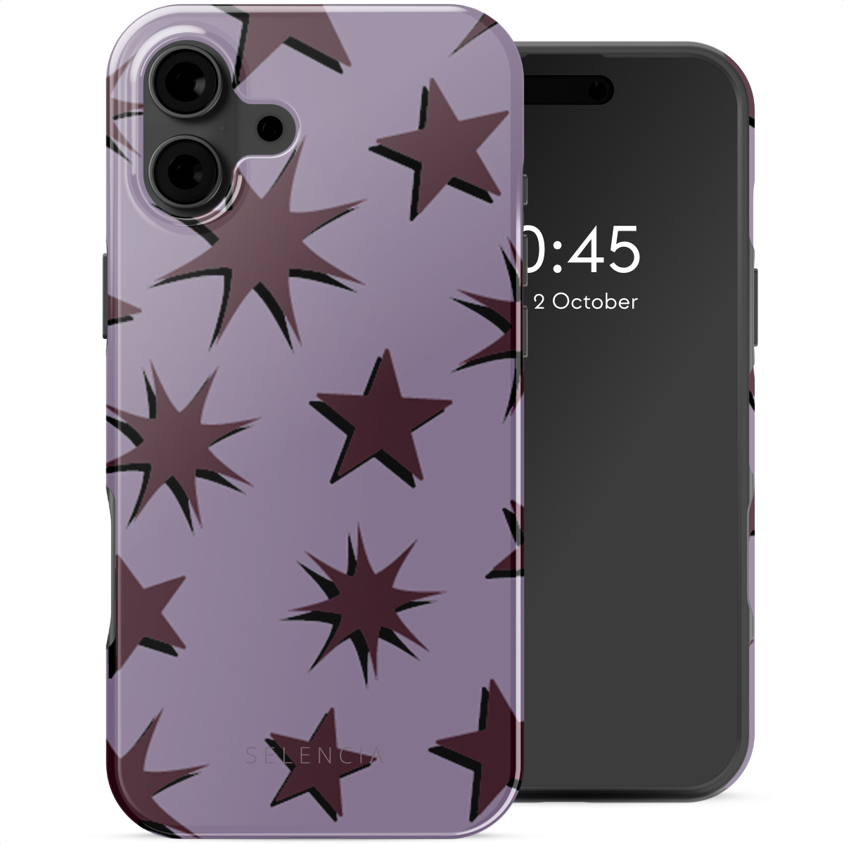 Custodia per telefono con stelle viola. Il telefono a destra mostra ora e data. Testo: Selencia.