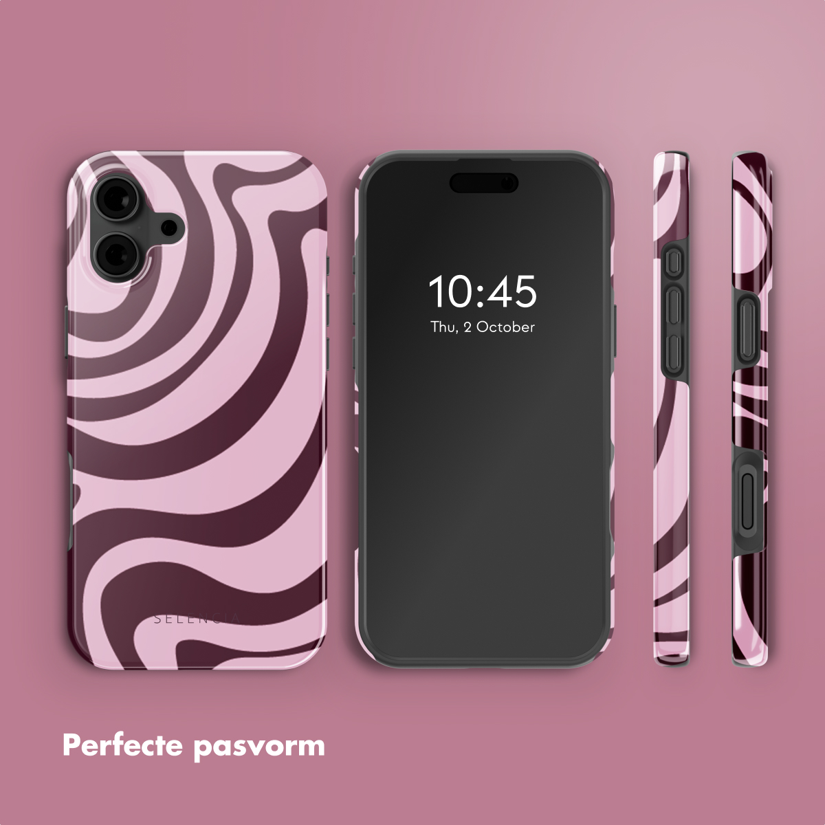 Telefoon en hoesjes met een roze wervel ontwerp. Telefoon toont tijd en datum. Roze achtergrond.