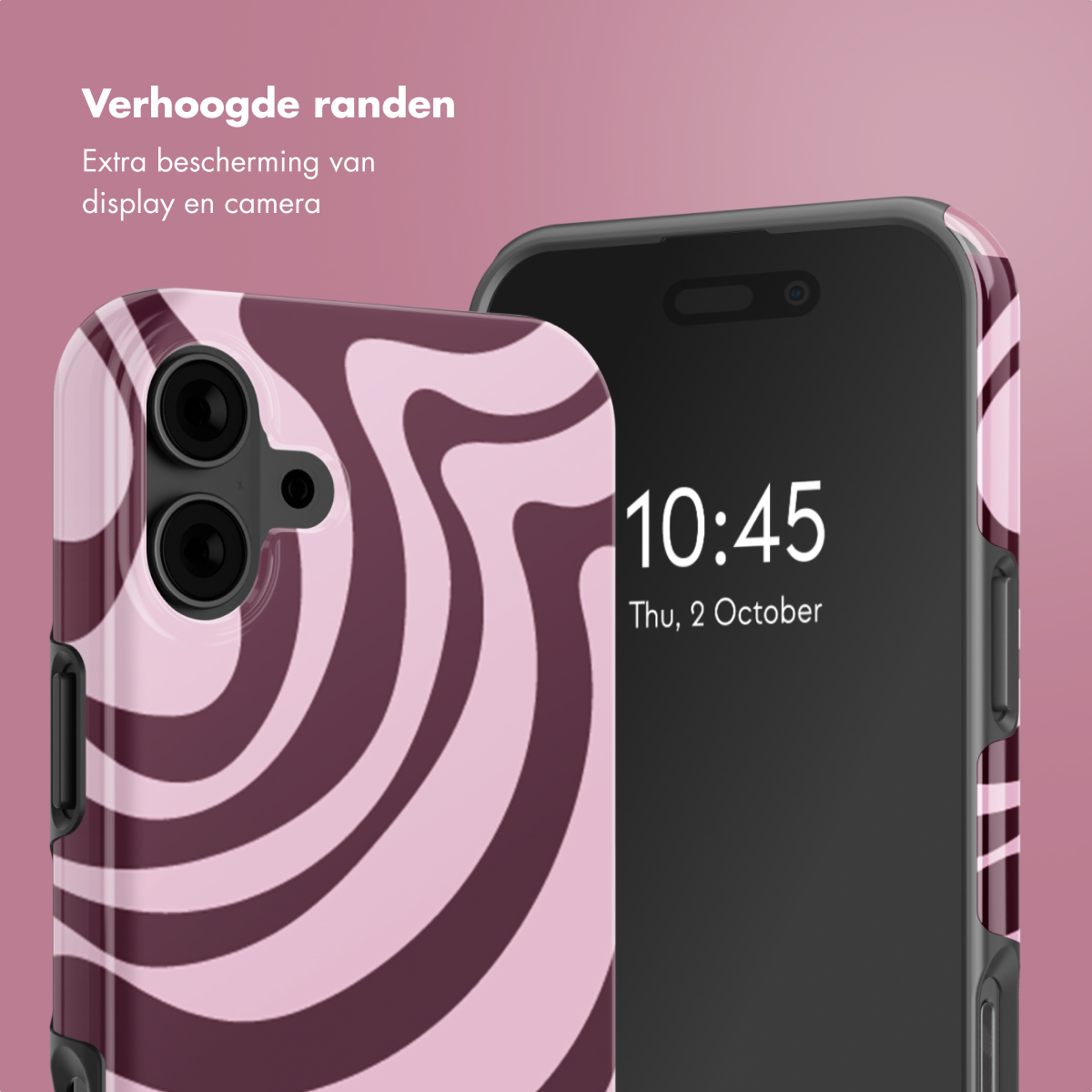 Twee telefoonhoesjes met een golvend patroon en een telefoon die de tijd en datum weergeeft.
