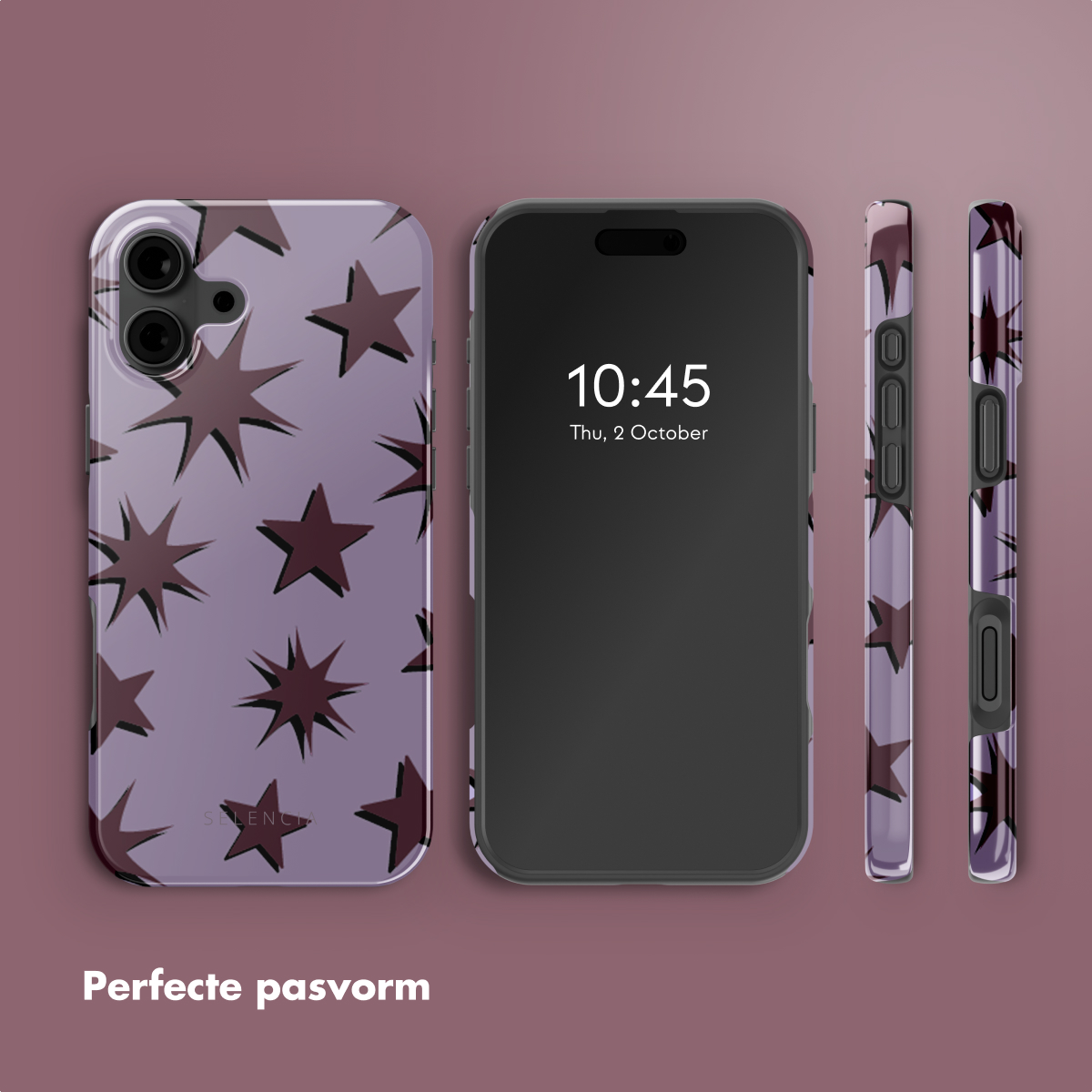 Una custodia per telefono con un motivo a stelle su un telefono e sui suoi lati. L'ora sullo schermo è 10:45.