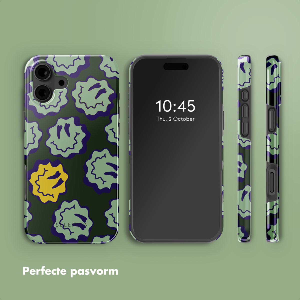 Custodia per telefono con un motivo di forme verdi. Un telefono con l'ora 10:45 sullo schermo e i lati della custodia.