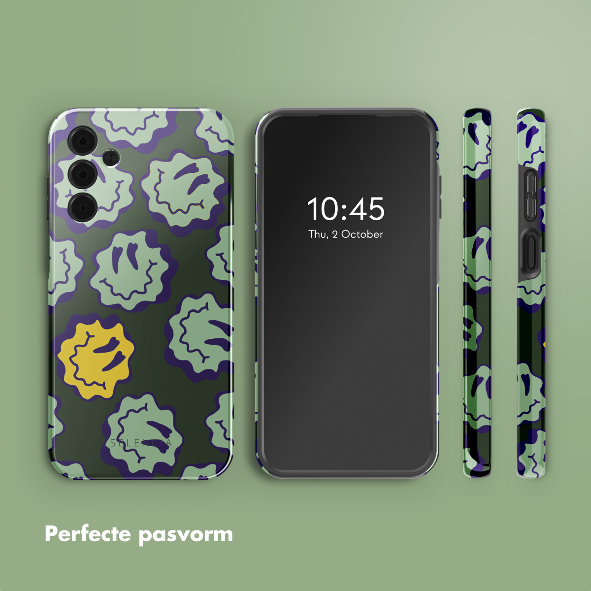 Mobiele telefoon, telefoonhoesje en schermbeschermers. De telefoon toont 10:45, do 2 oktober.