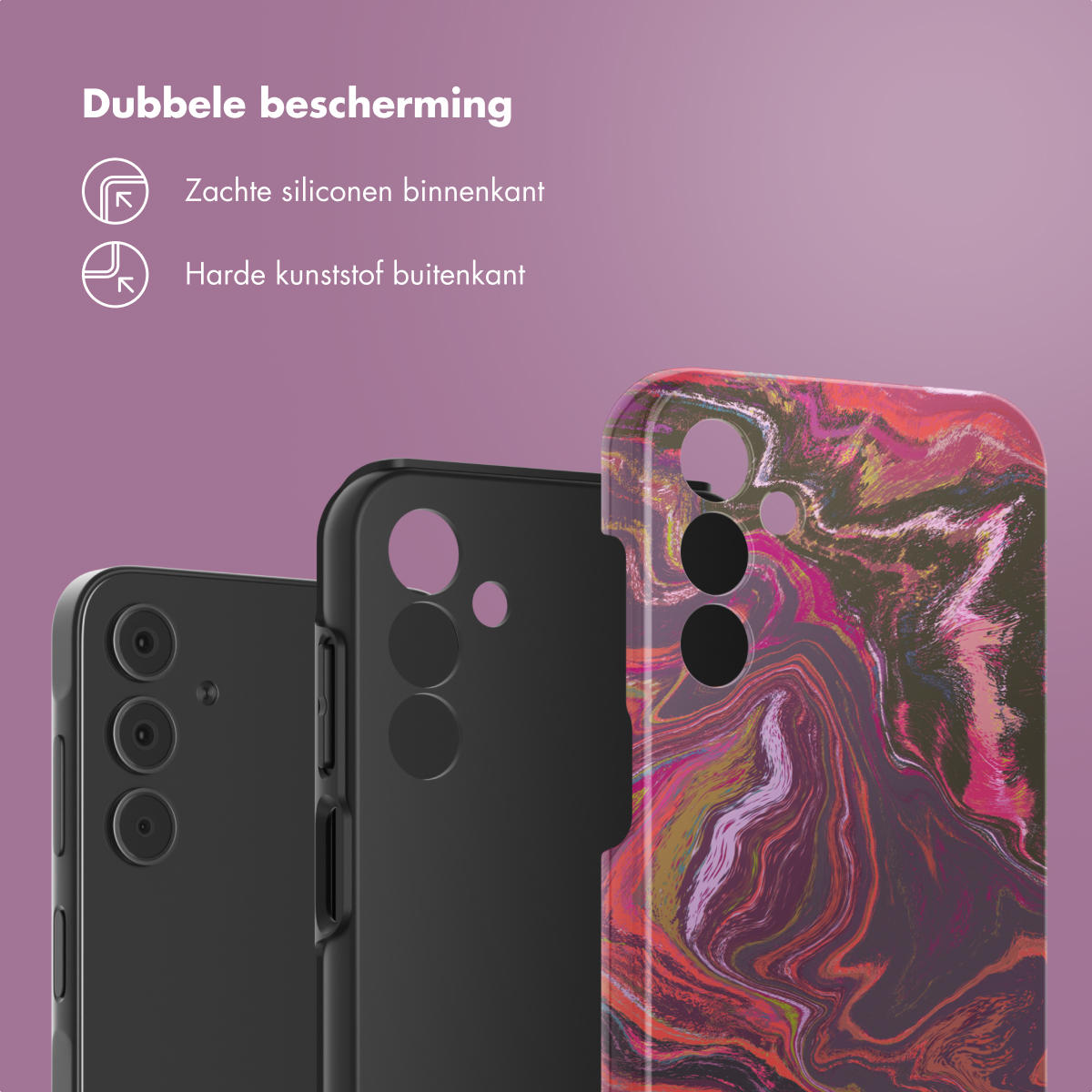 Telefoonhoesjes in zwart en rood/roze patroon, op een roze verloopachtergrond met tekst.
