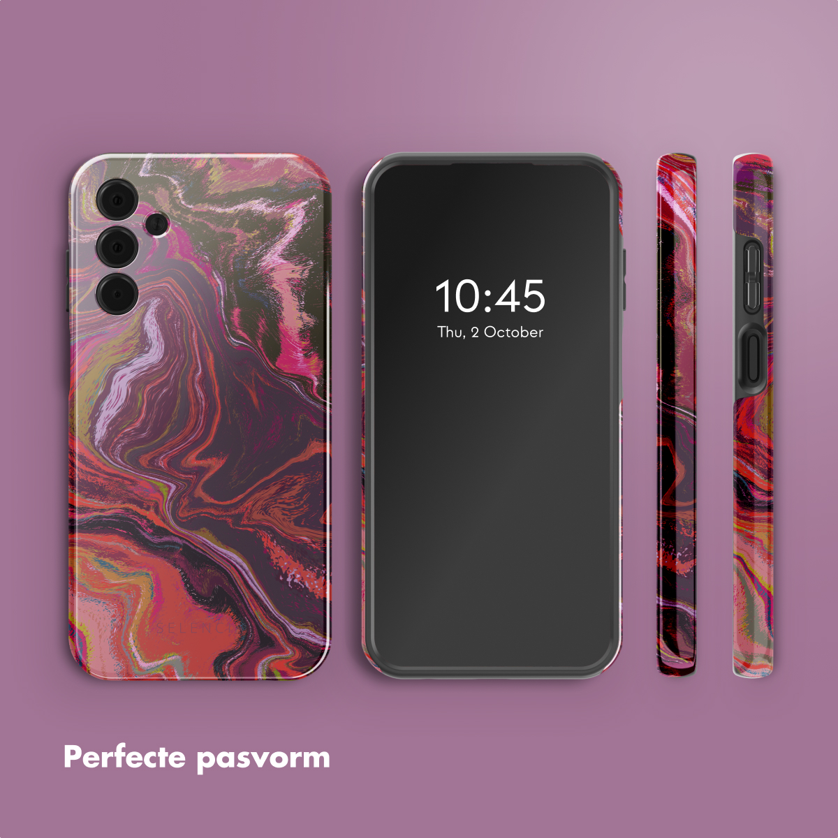Telefoonhoesje met abstract patroon. Een telefoon met de tijd 10:45. Telefoon en hoesje op een paarse achtergrond.
