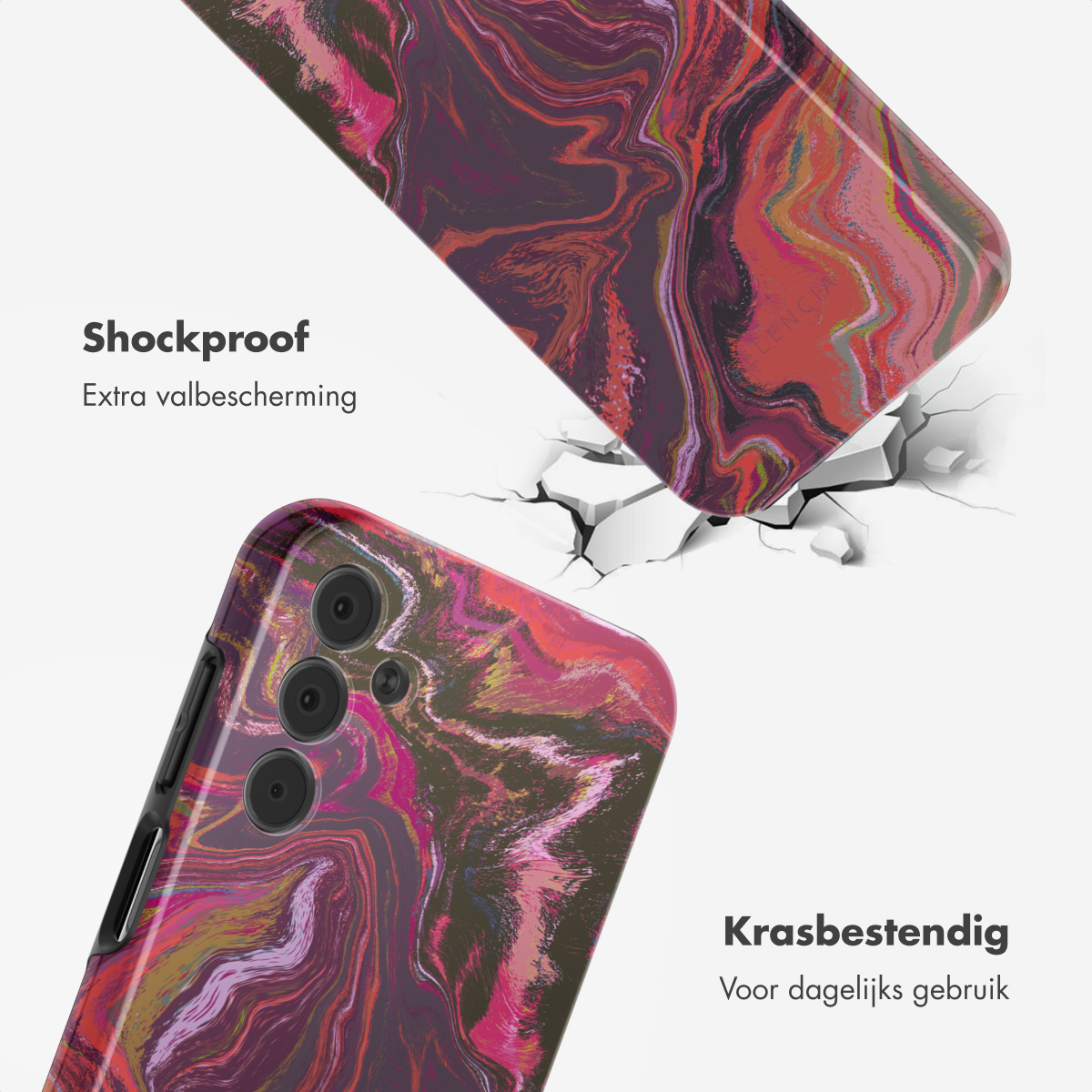Telefoonhoesje met marmerontwerp. Tekst: Schokbestendig, Extra bescherming en Krasbestendig.