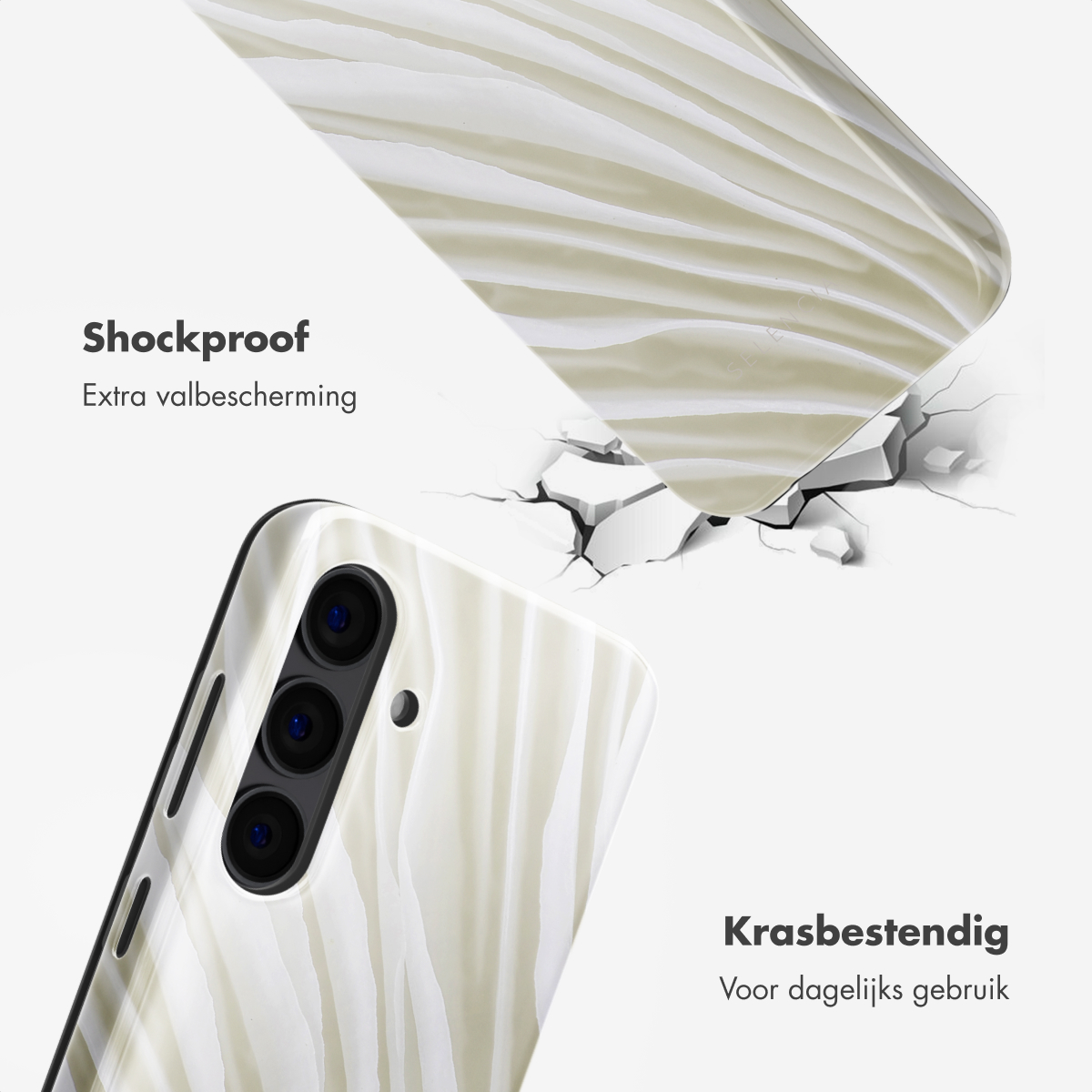 Coque de téléphone avec des lignes ondulées blanches, effet brisé sur fond blanc.