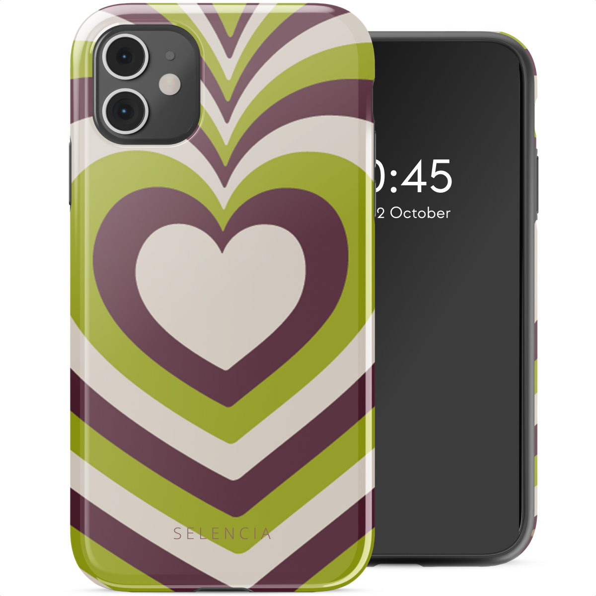 iPhone hoesje met een hart ontwerp. De telefoon geeft tijd en datum weer.