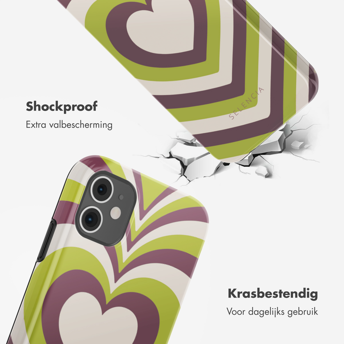 Een telefoonhoesje met een hartpatroon en een gebarsten oppervlak, dat de schokbestendige functie toont.