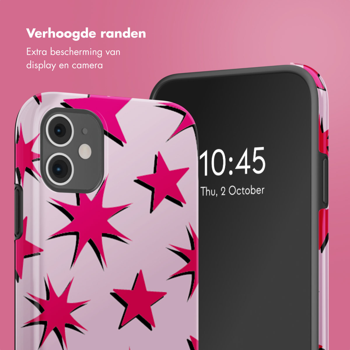 Close-up van twee telefoons. Eén met een roze sterrenhoesje. De andere: 10:45.
