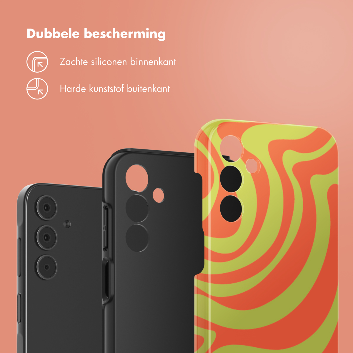 Custodie per telefono, nere e decorate. Design a vortice arancione e verde.
